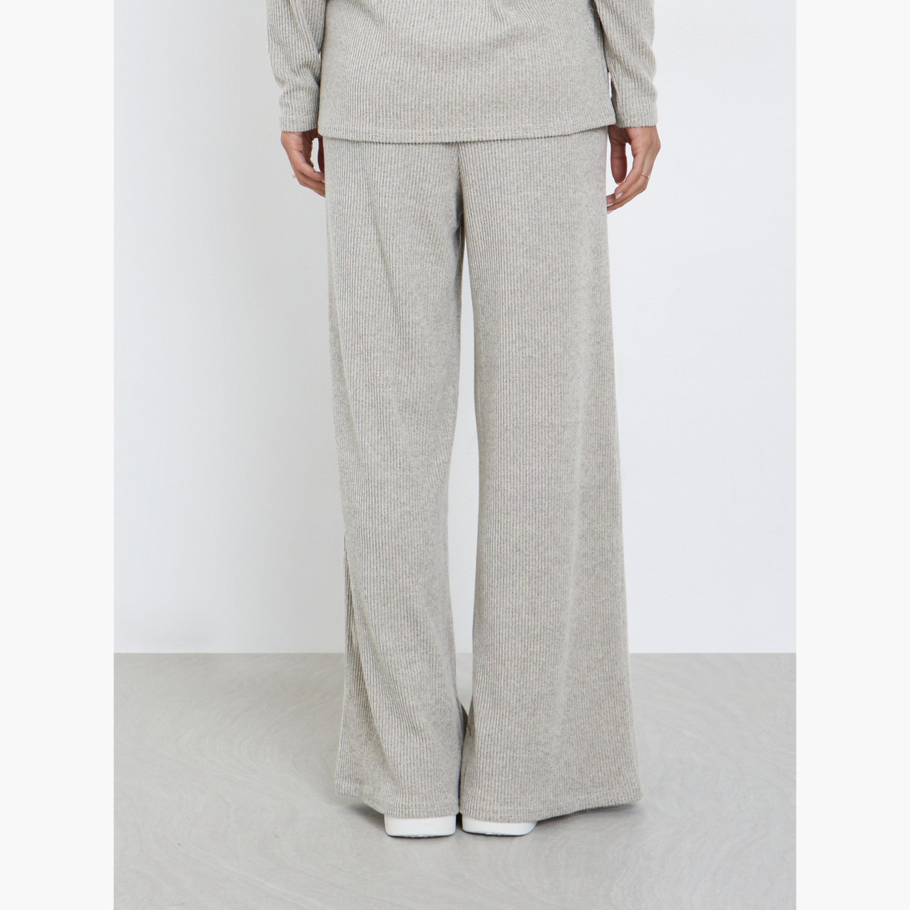 ستايلي - بنطال رمادي نسائي واسع الساق محبوك ومضلع-women-clothing-bottoms-trousers-image-4