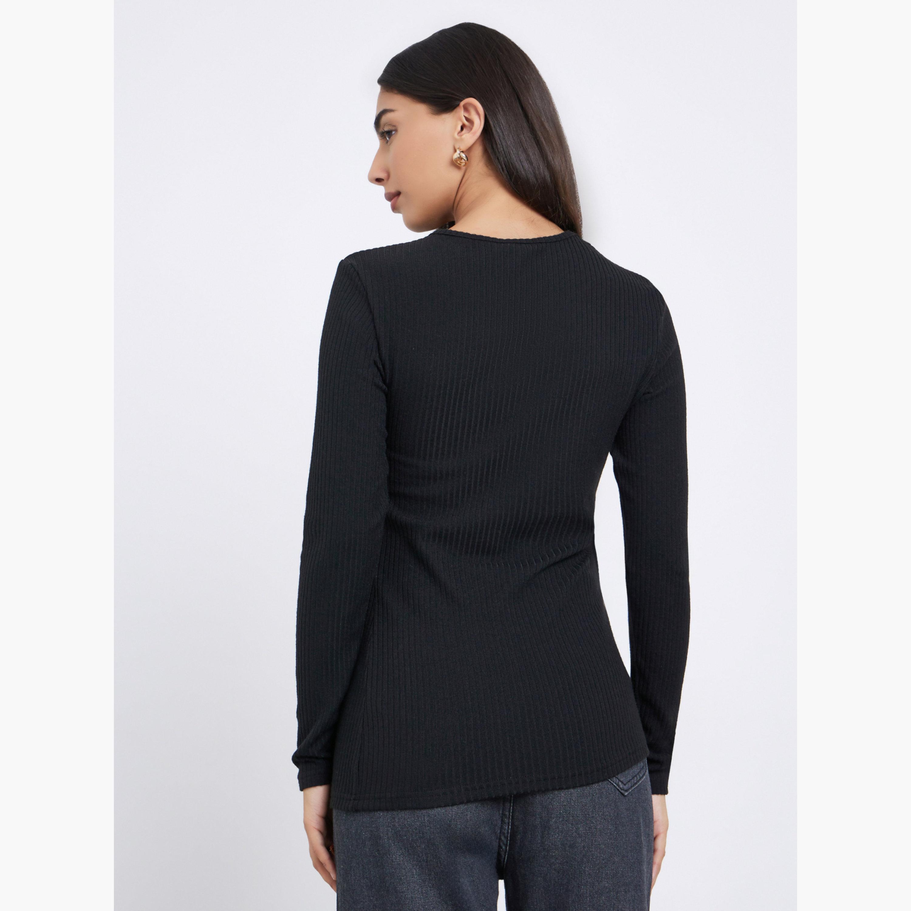 ستايلي - بلوزة سوداء بأكمام طويلة وتفاصيل عقدة مضلعة للنساء-women-clothing-tshirts-image-5