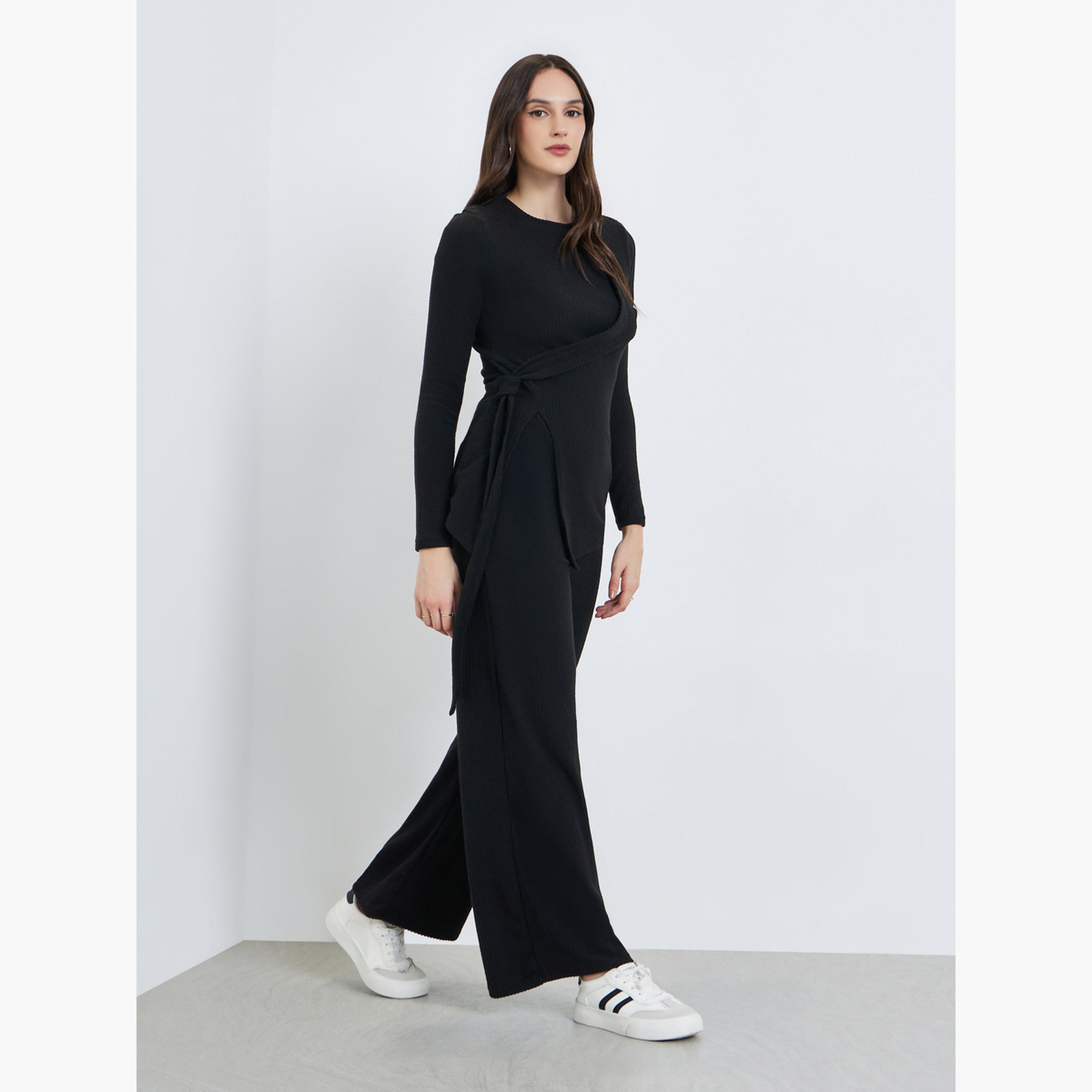 بنطال محبوك مضلع بأرجل واسعة-women-clothing-bottoms-joggers-image-2