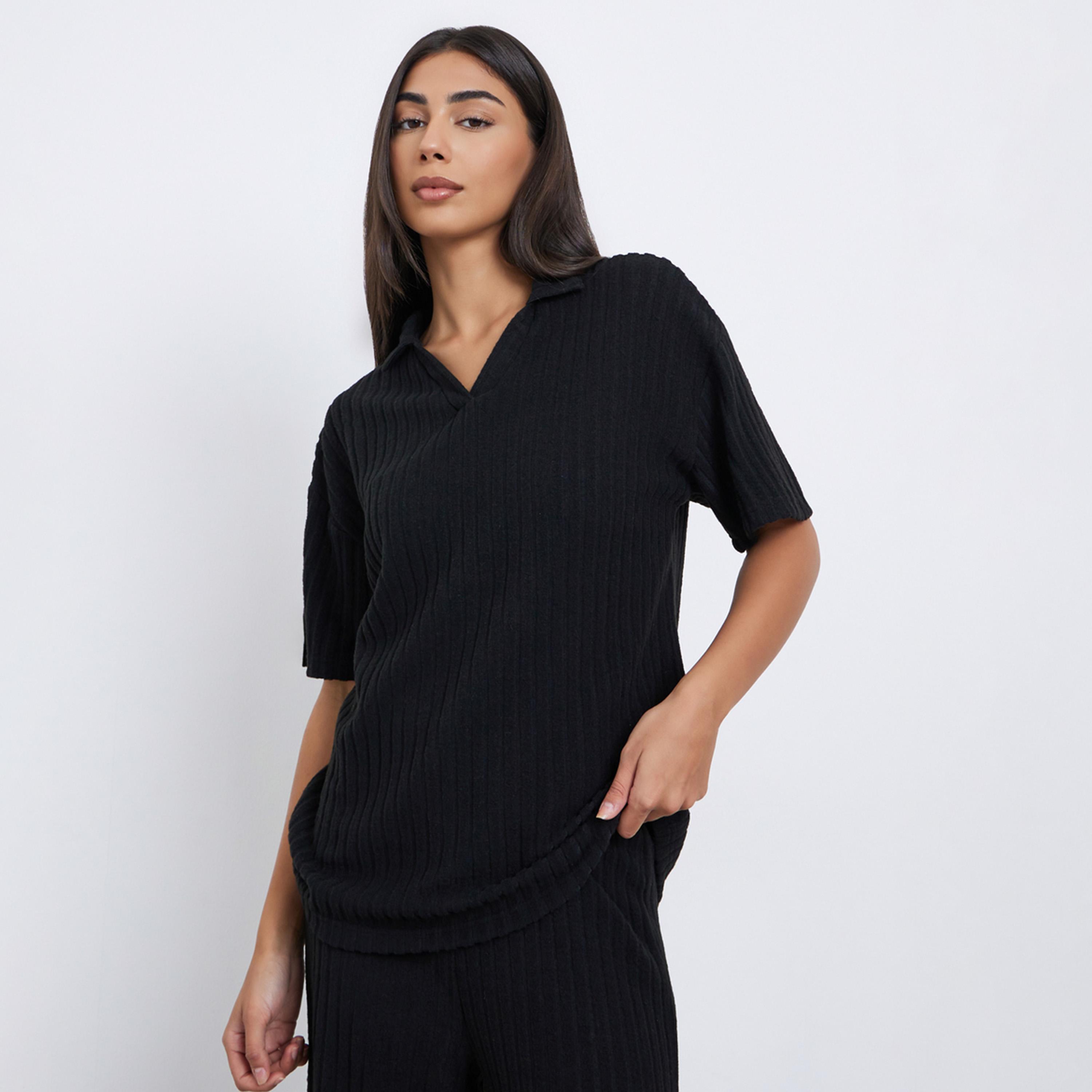 Styli Black Ribbed Collared Oversized Top-women-clothing-shirtsandblouses-shirts-image-1