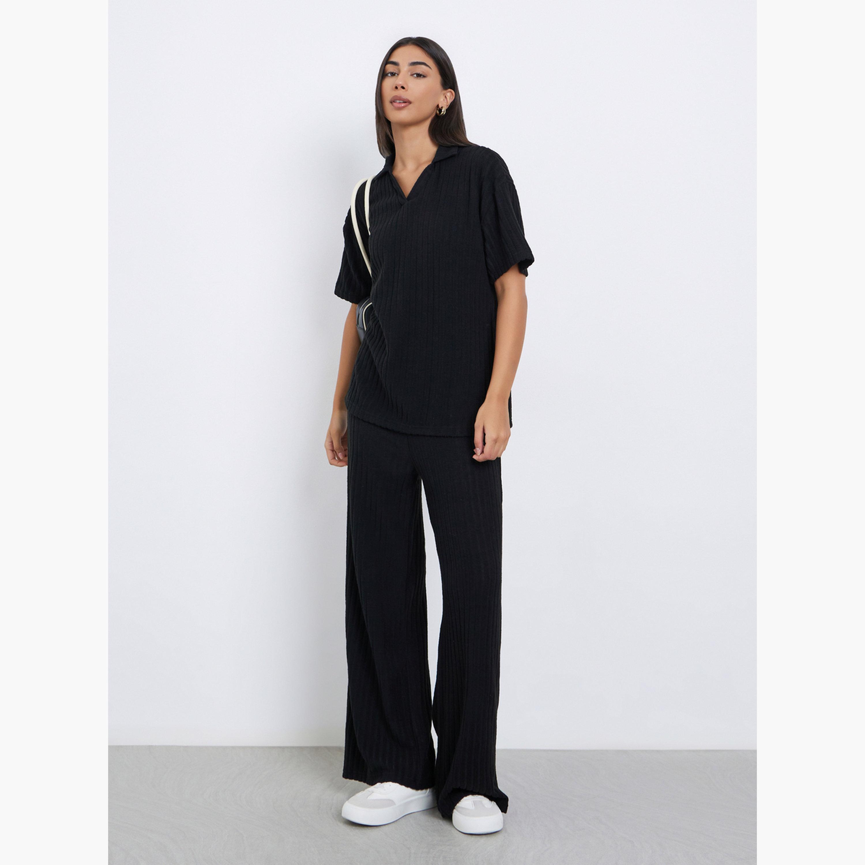 Styli Black Ribbed Collared Oversized Top-women-clothing-shirtsandblouses-shirts-image-2