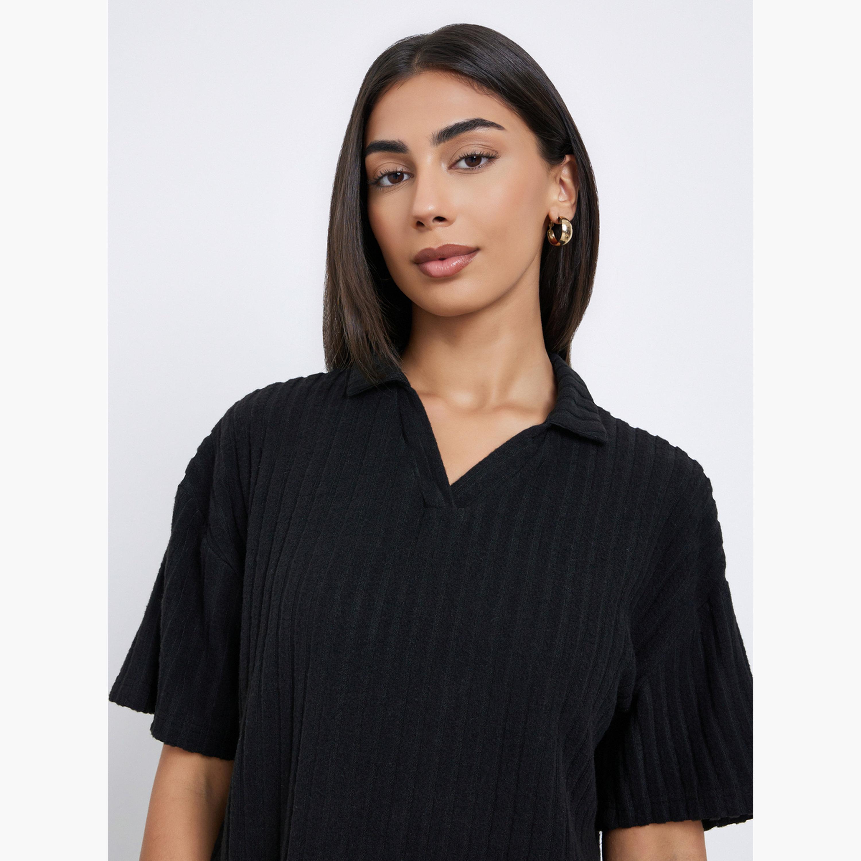 Styli Black Ribbed Collared Oversized Top-women-clothing-shirtsandblouses-shirts-image-3