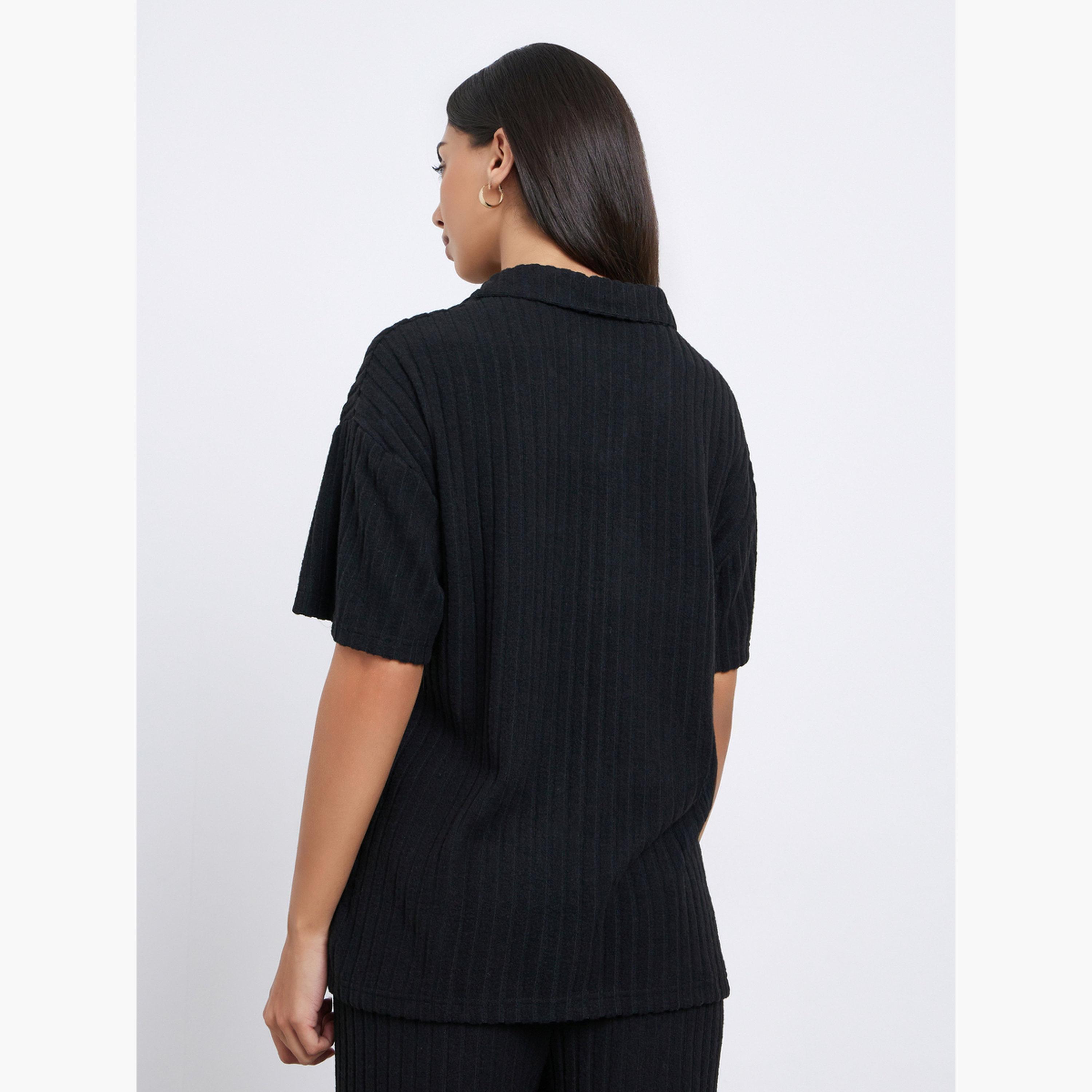 Styli Black Ribbed Collared Oversized Top-women-clothing-shirtsandblouses-shirts-image-4