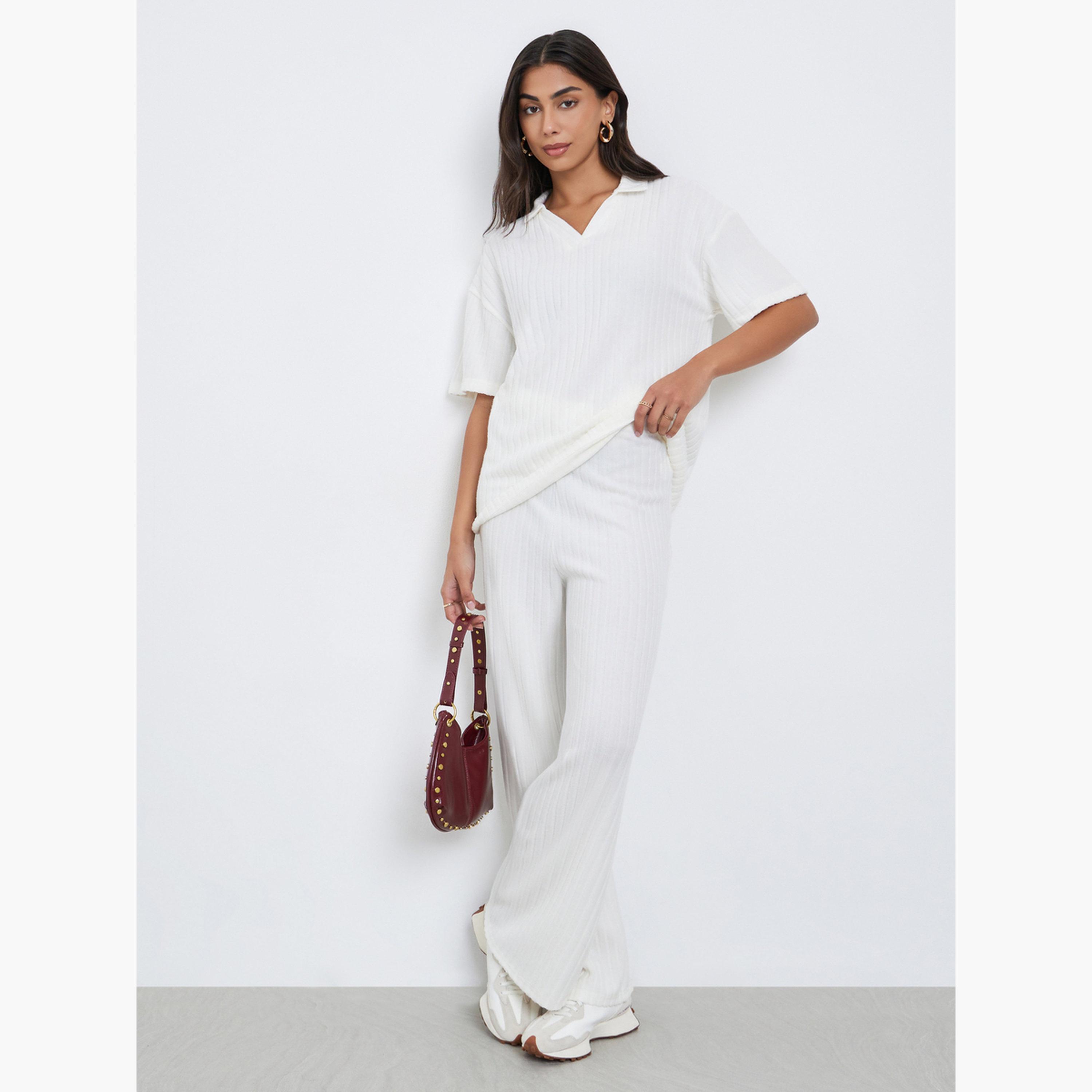 ستايلي - بنطال واسع الساق من قماش محبوك مضلع لون أبيض العاجي-women-clothing-bottoms-trousers-image-2