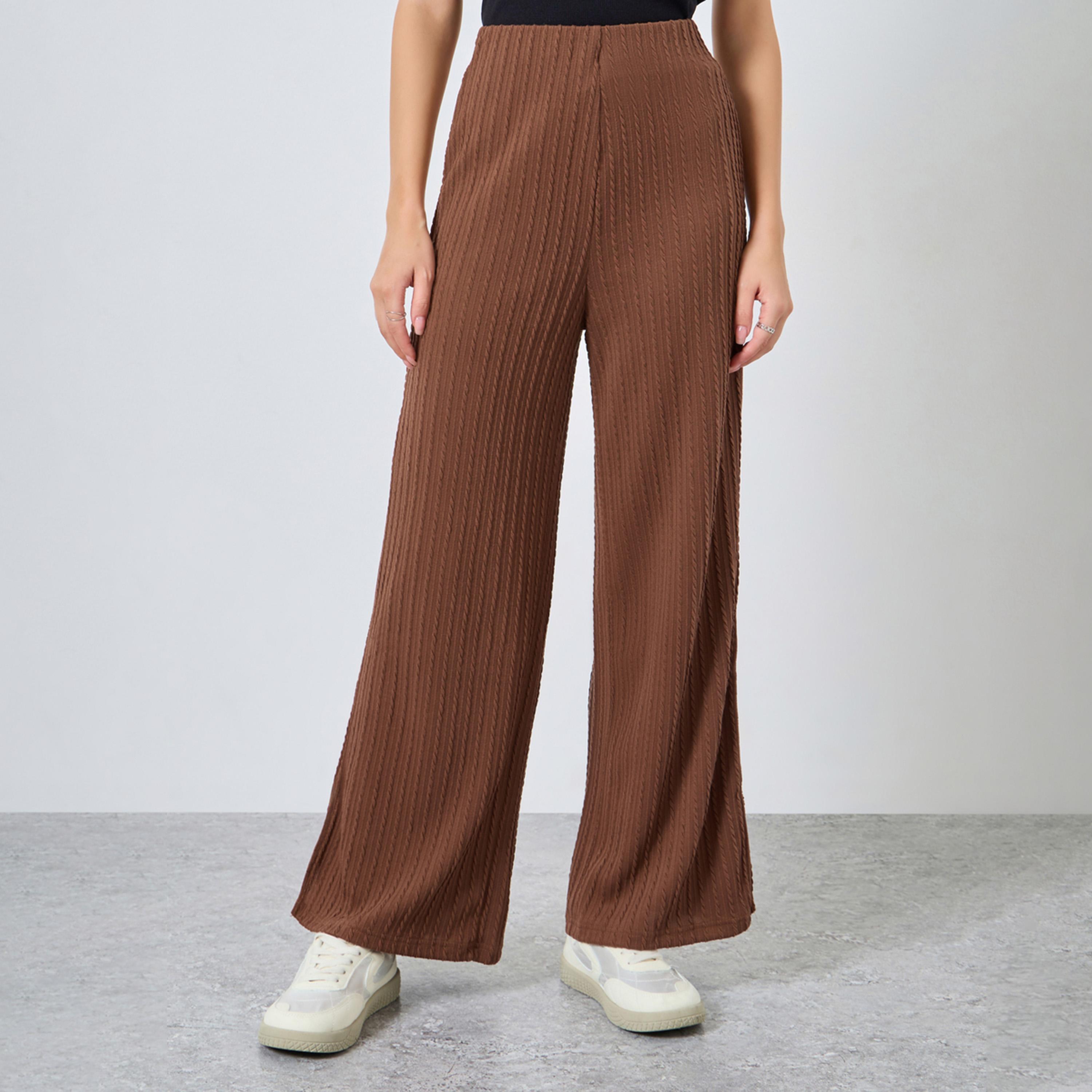ستايلي - بنطال رياضي بني اللون من نسيج كابلي بساق مستقيمة-women-clothing-bottoms-joggers-image-1