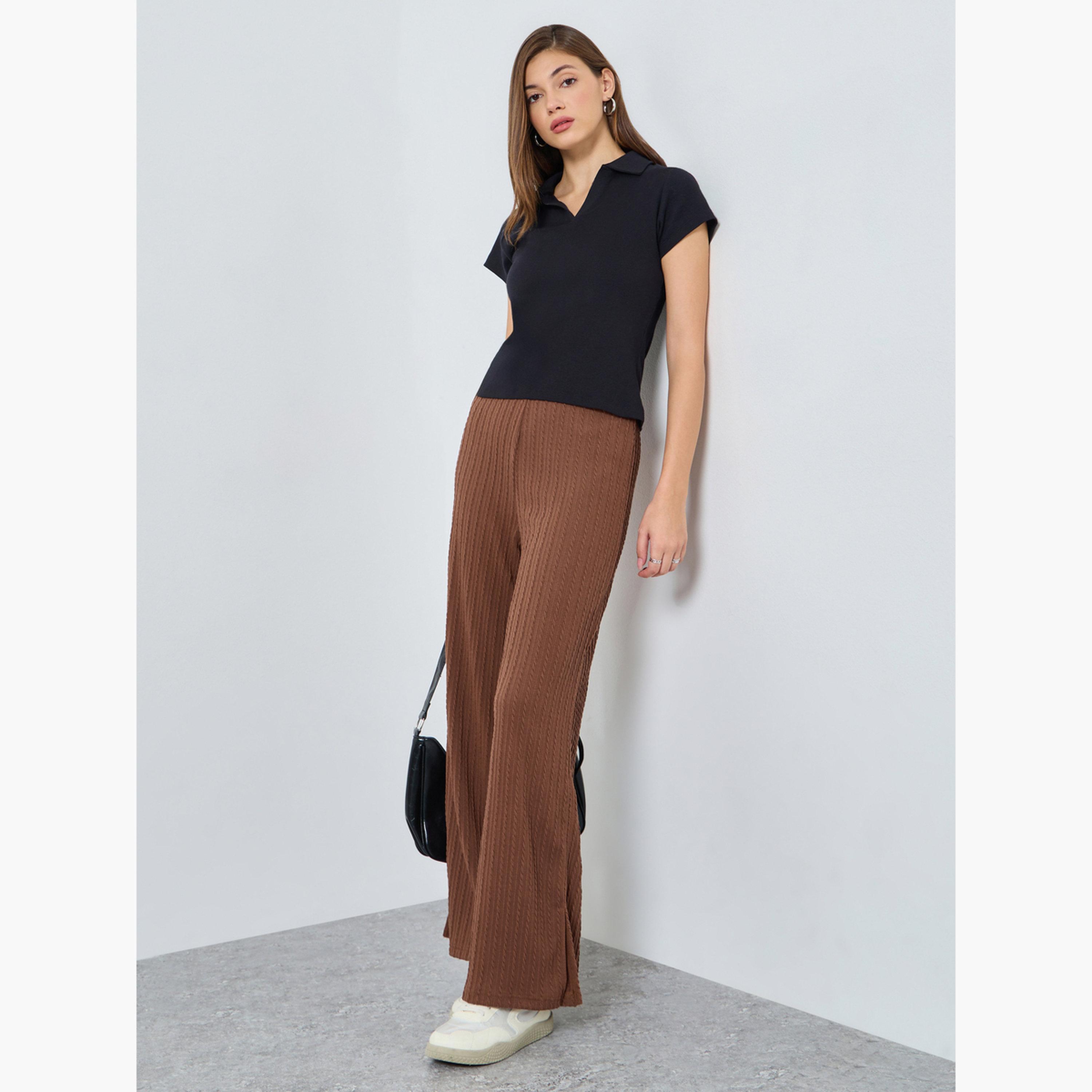 ستايلي - بنطال رياضي بني اللون من نسيج كابلي بساق مستقيمة-women-clothing-bottoms-joggers-image-2