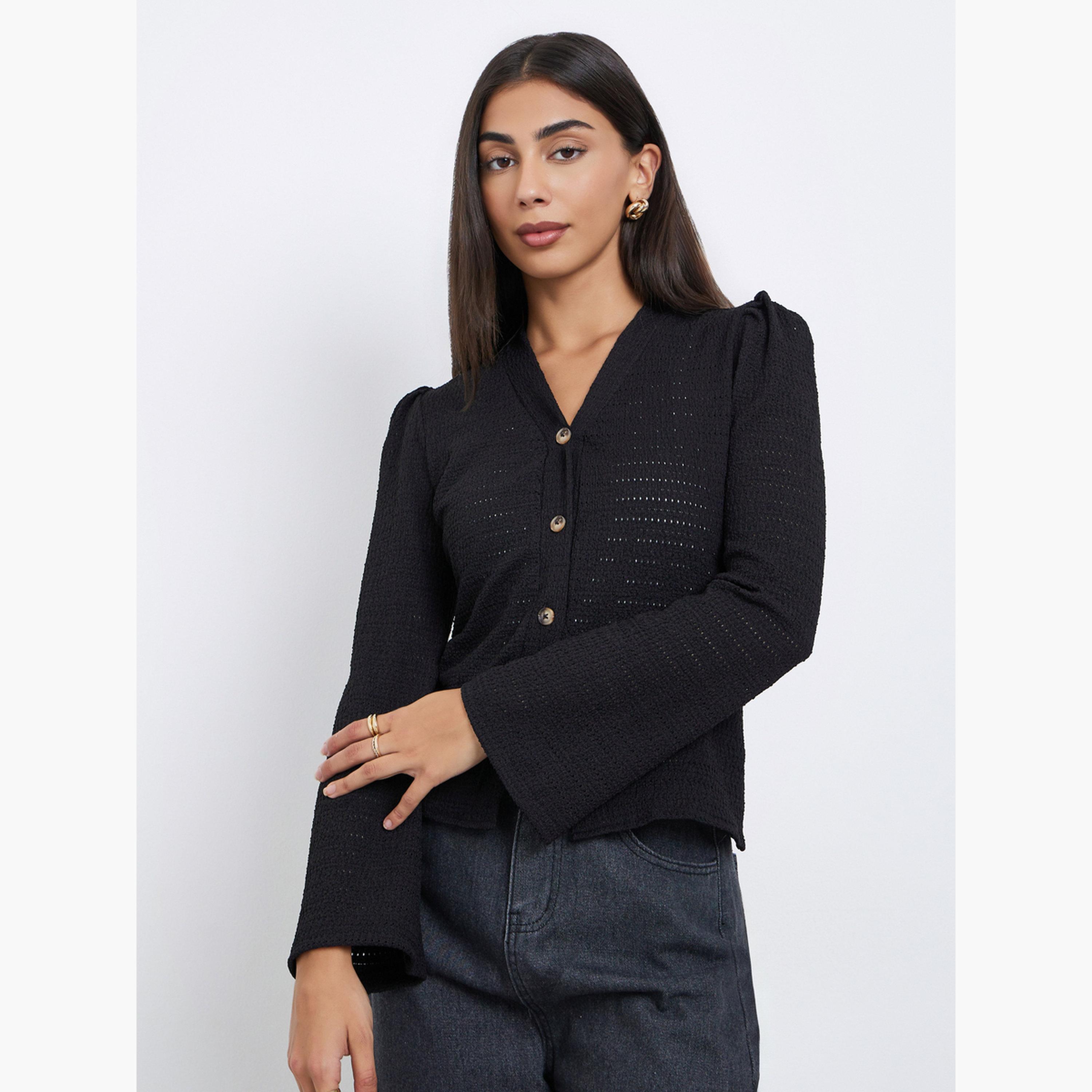 ستايلي - بلوزة سوداء محبوكة بأكمام طويلة للنساء-women-clothing-tshirts-image-1
