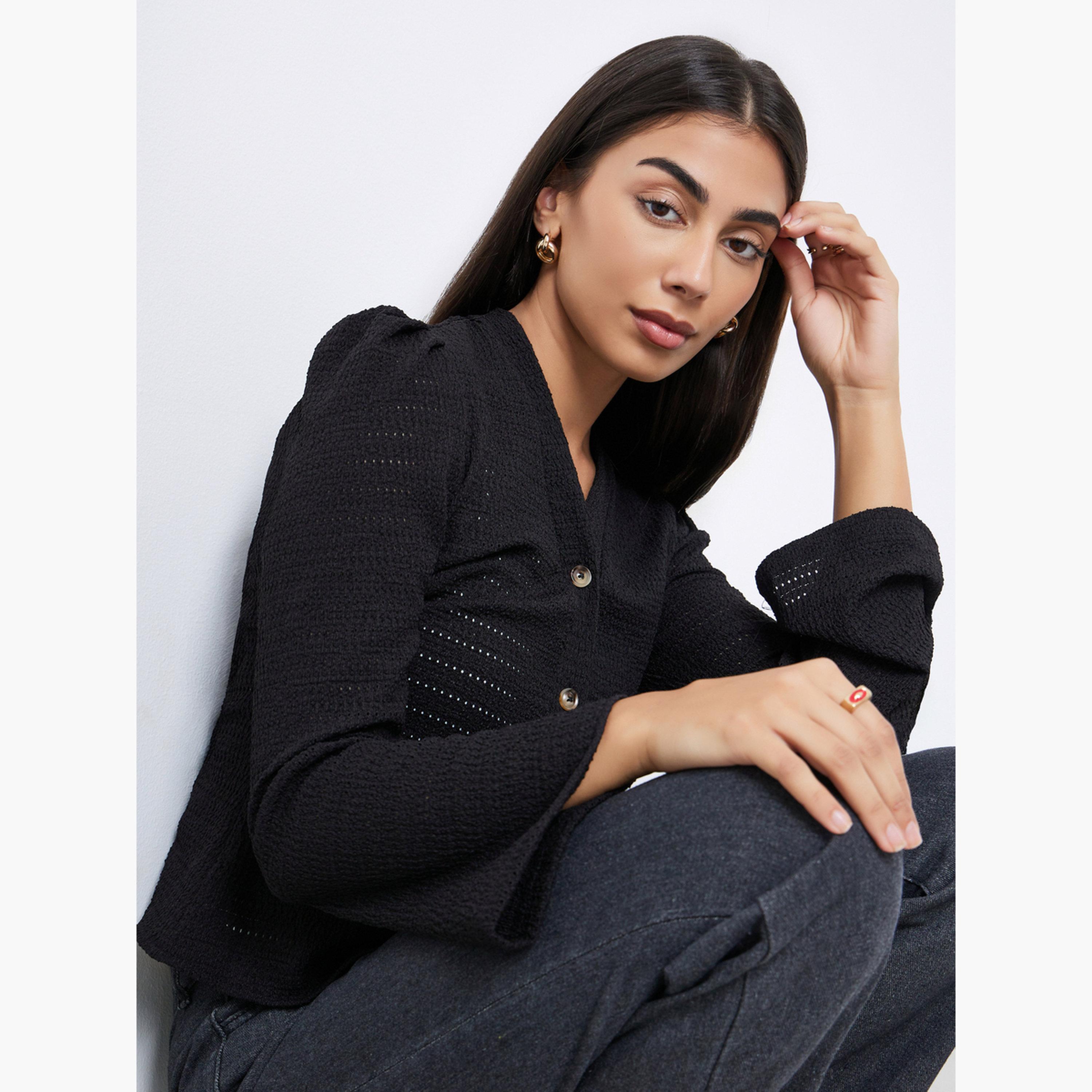Styli Women Black Textured Knit Top with Long Sleeves-women-clothing-tshirts-image-3