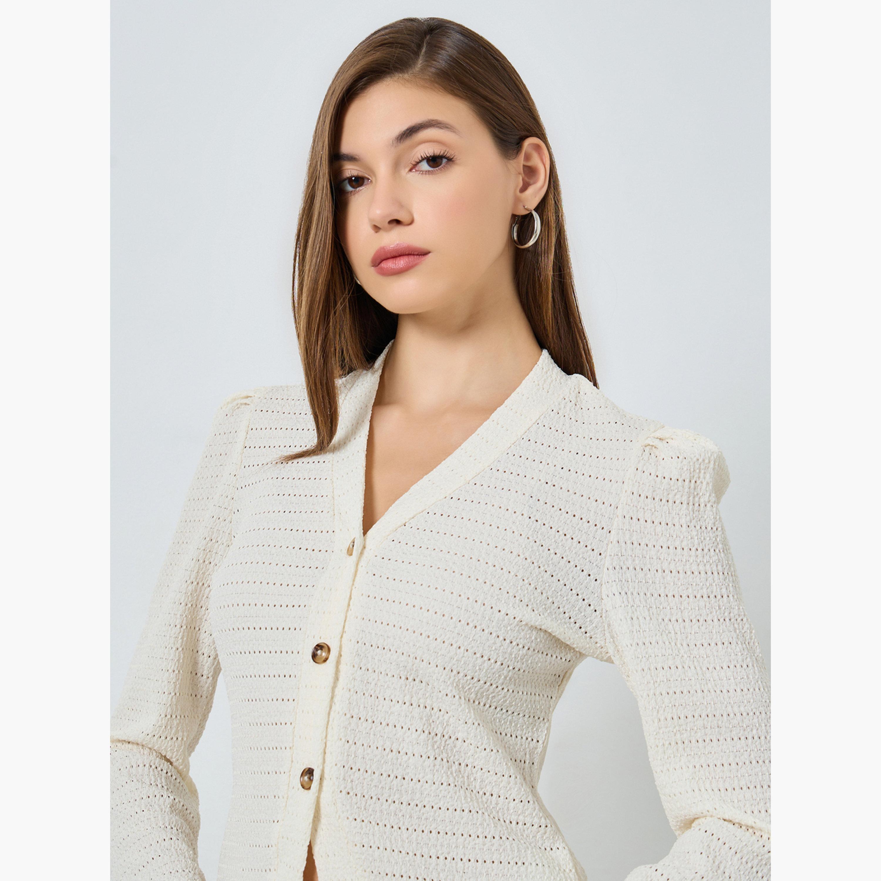 Styli Women Off White Textured Knit Top with Long Sleeves-women-clothing-tshirts-image-3