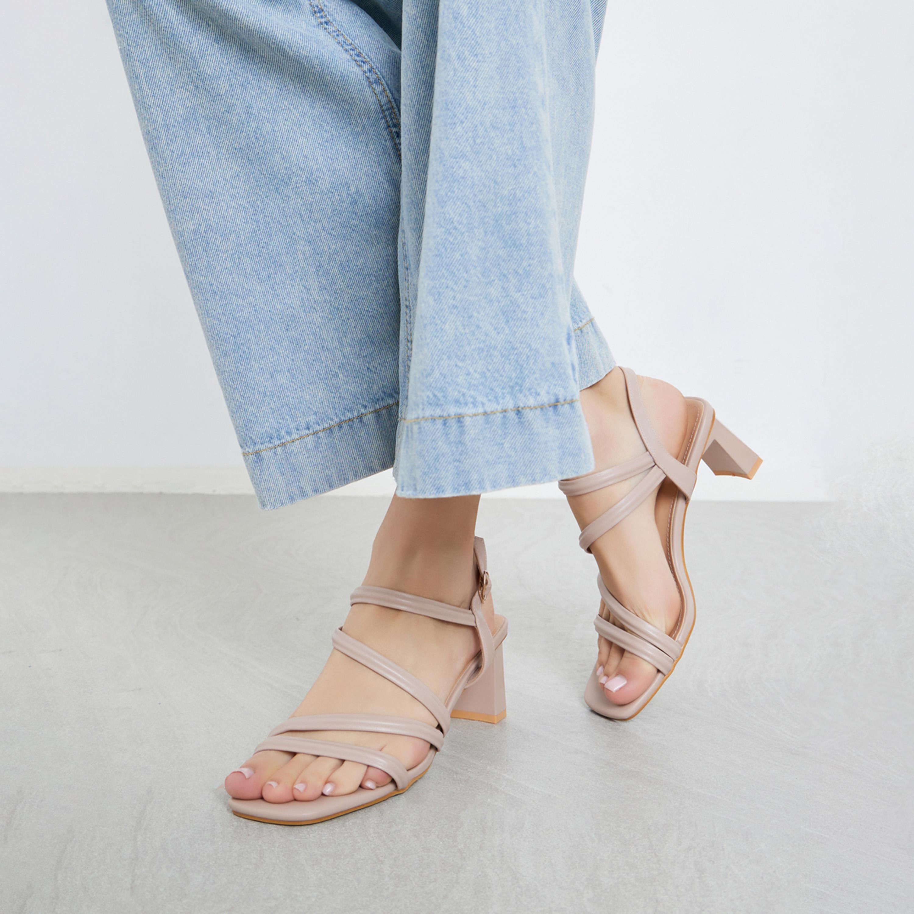 ستايلي - صندل بكعب عريض وأحزمة سادة للنساء-women-shoes-sandals-heeled-image-2