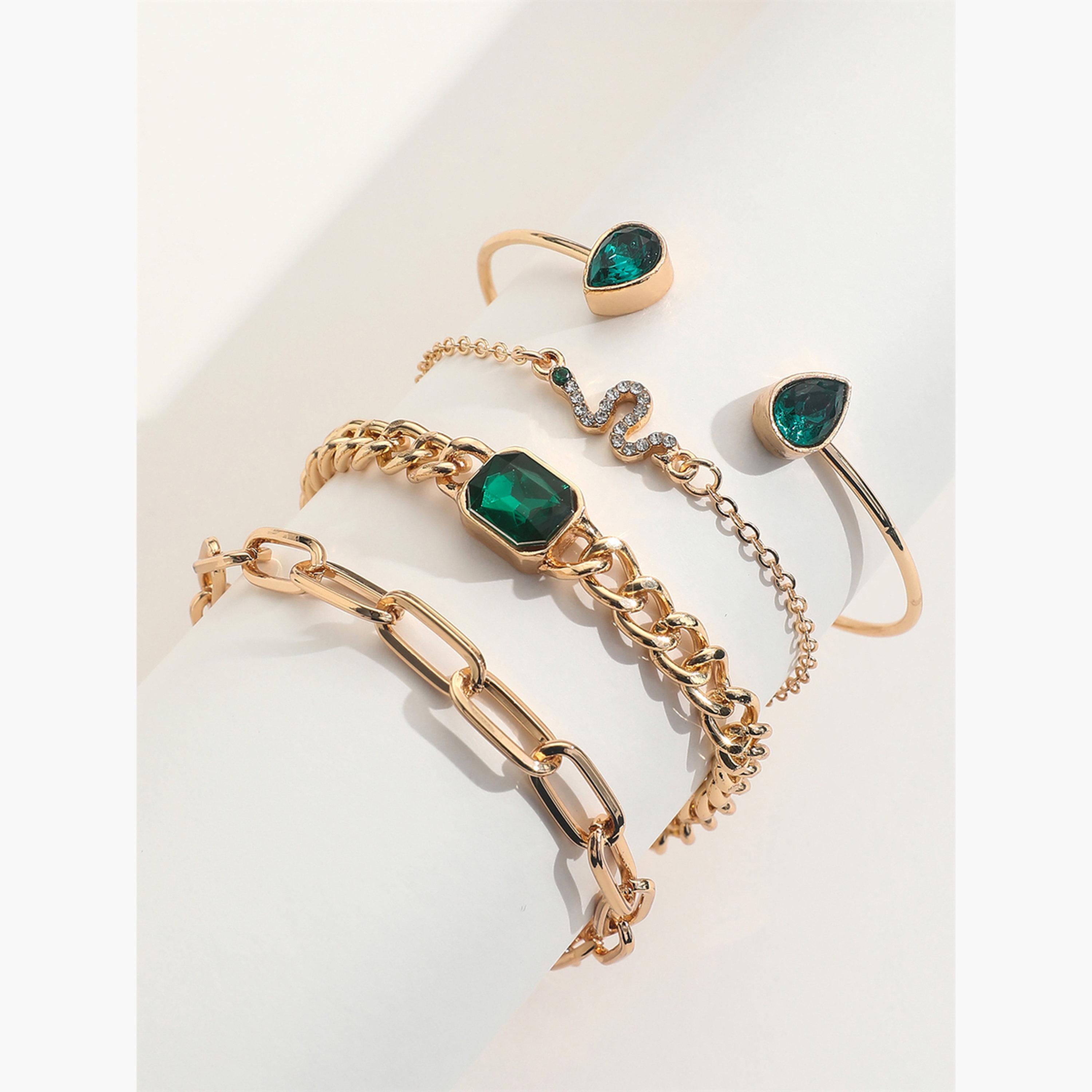 تيك تو - مجموعة من 4 أساور ذهبية اللون مع لمسات خضراء-women-watchesandjewellery-jewellery-banglesandbracelets-image-1
