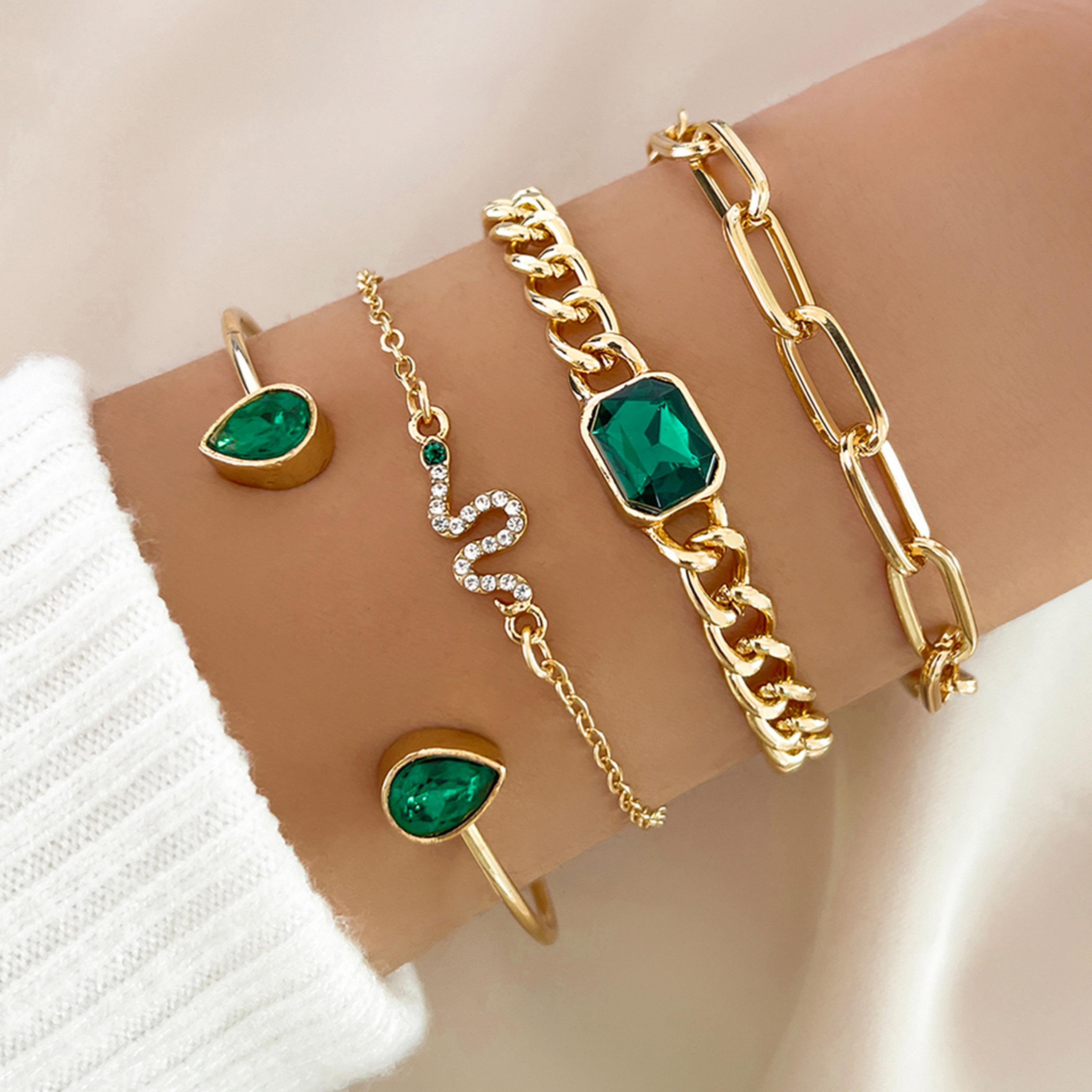 تيك تو - مجموعة من 4 أساور ذهبية اللون مع لمسات خضراء-women-watchesandjewellery-jewellery-banglesandbracelets-image-2