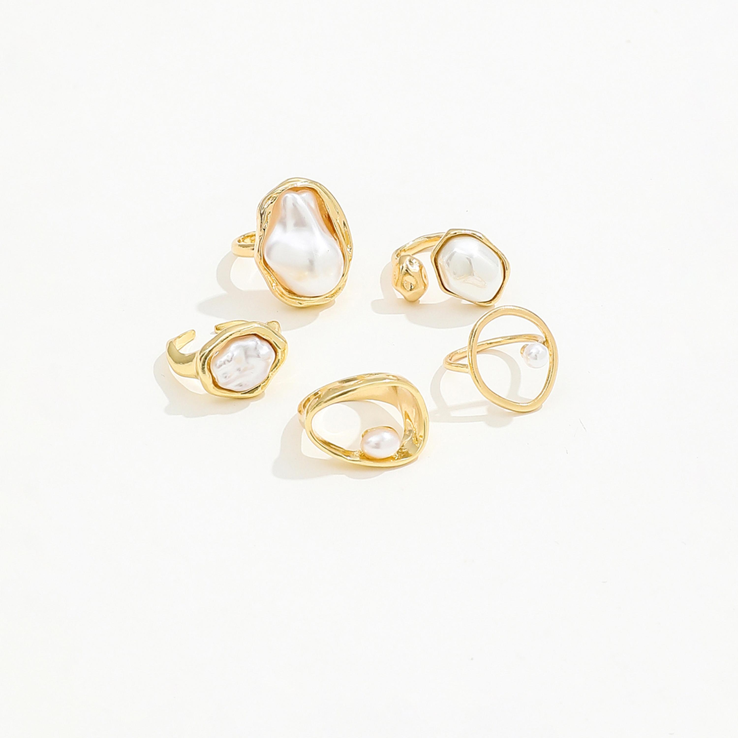 تيك تو - مجموعة من 5 خواتم مميزة من اللؤلؤ الصناعي-women-watchesandjewellery-jewellery-rings-image-1