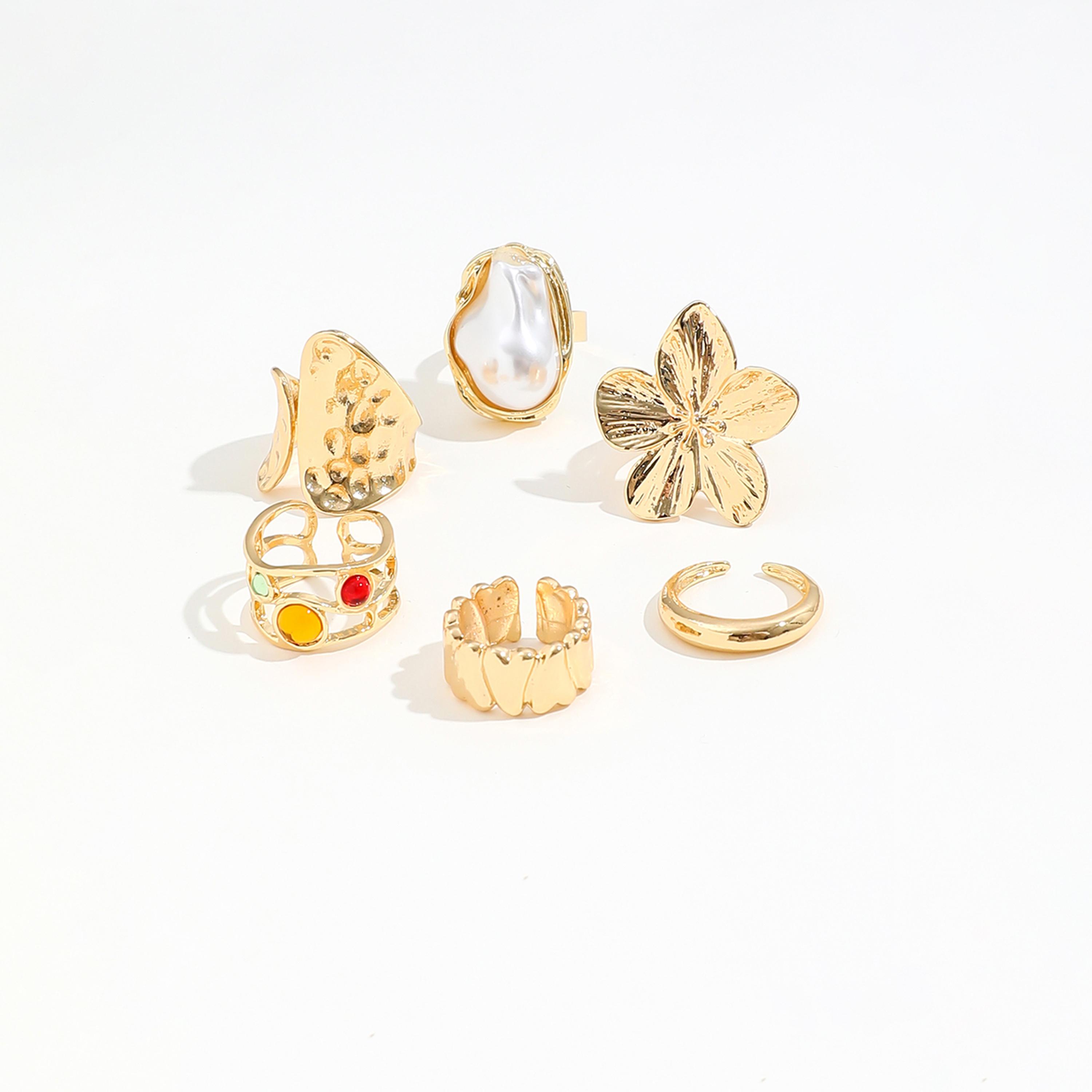 تيك تو - مجموعة من 6 خواتم أكمام مزينة بزهرة من اللؤلؤ الصناعي-women-watchesandjewellery-jewellery-rings-image-1