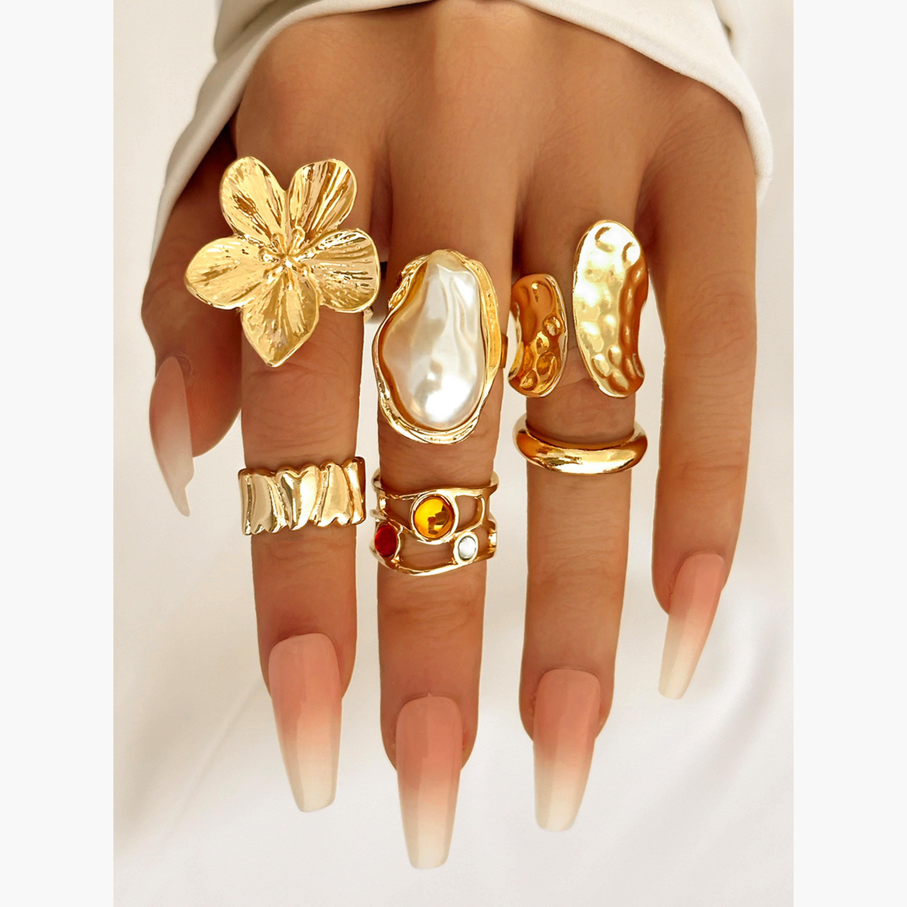 تيك تو - مجموعة من 6 خواتم أكمام مزينة بزهرة من اللؤلؤ الصناعي-women-watchesandjewellery-jewellery-rings-image-2