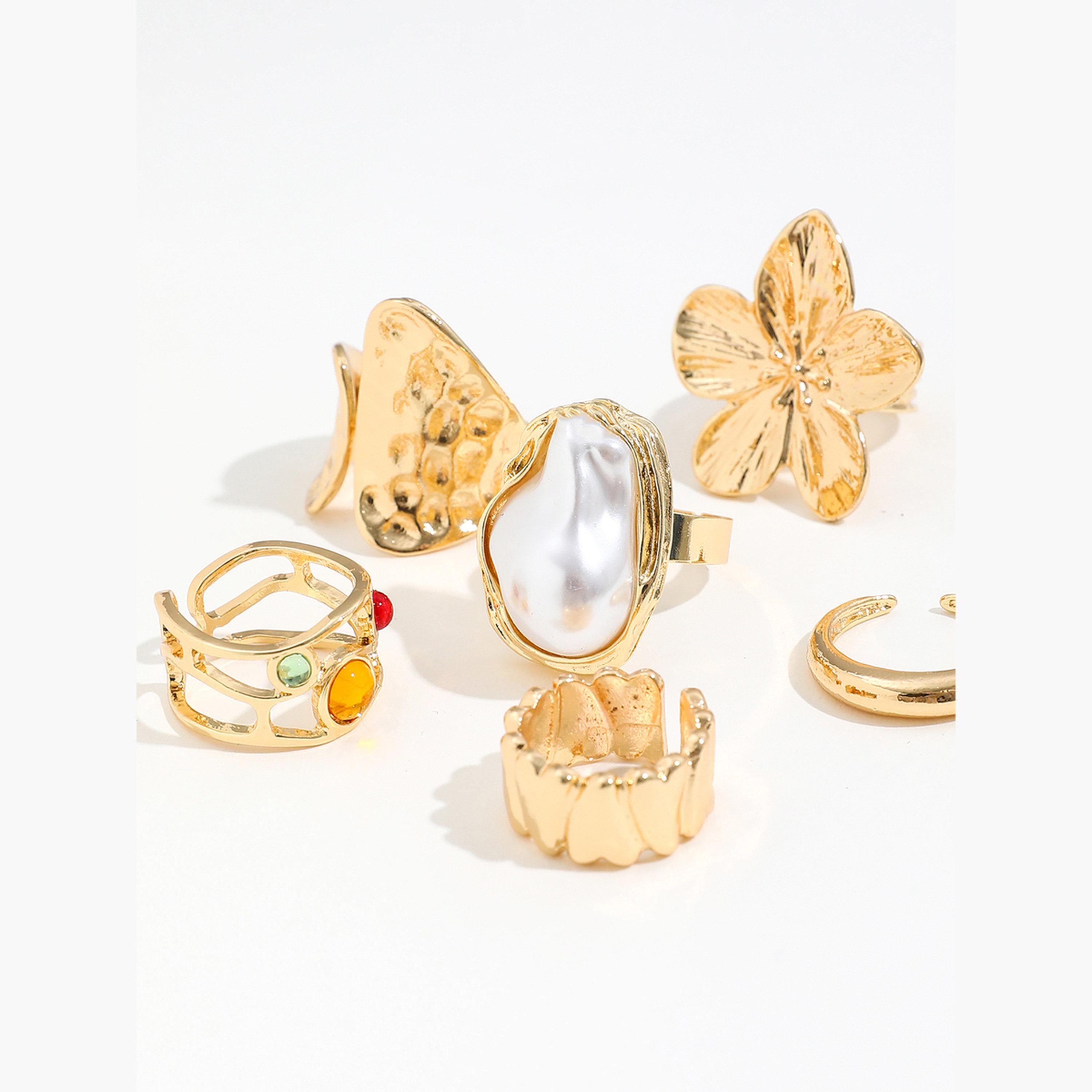 تيك تو - مجموعة من 6 خواتم أكمام مزينة بزهرة من اللؤلؤ الصناعي-women-watchesandjewellery-jewellery-rings-image-3