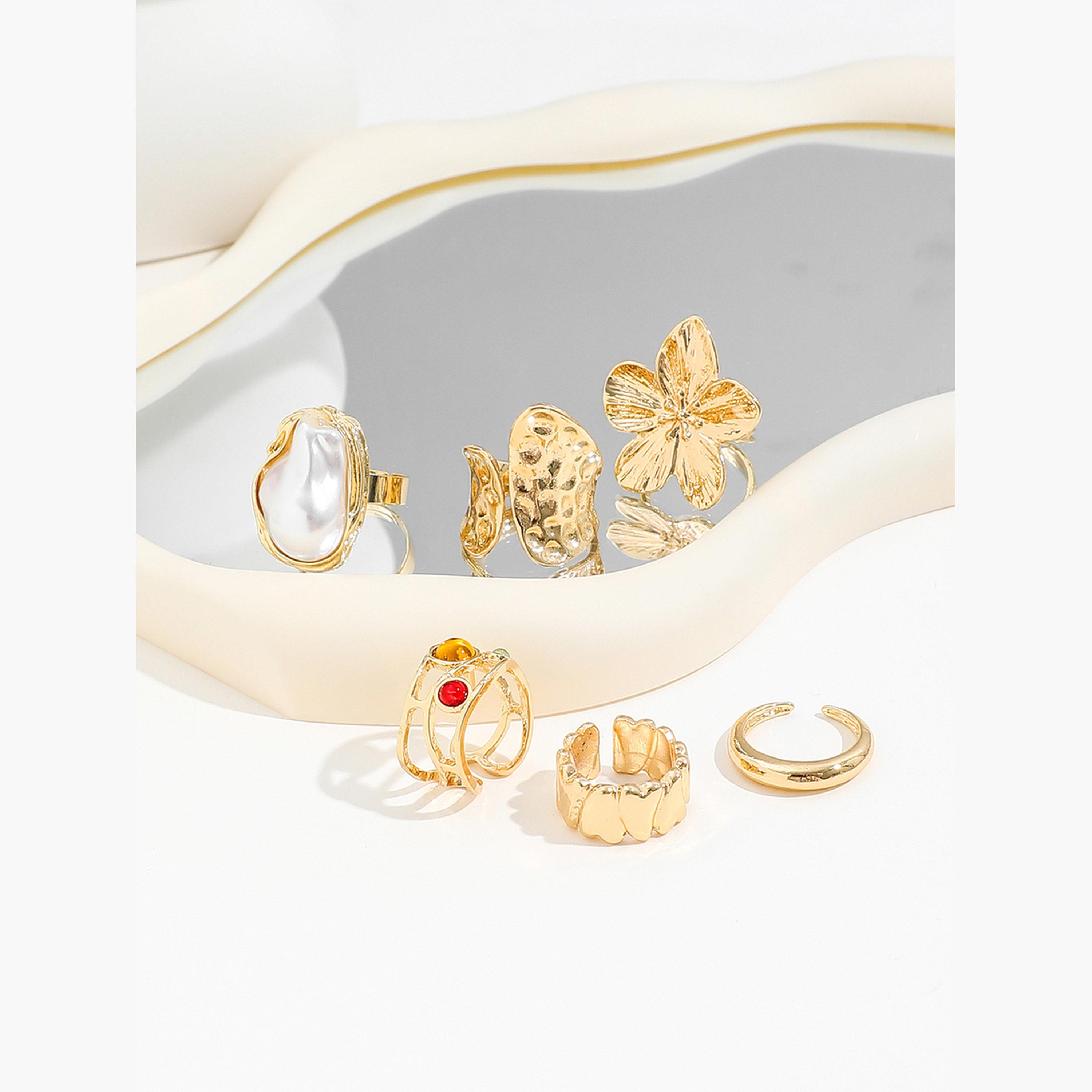 تيك تو - مجموعة من 6 خواتم أكمام مزينة بزهرة من اللؤلؤ الصناعي-women-watchesandjewellery-jewellery-rings-image-5