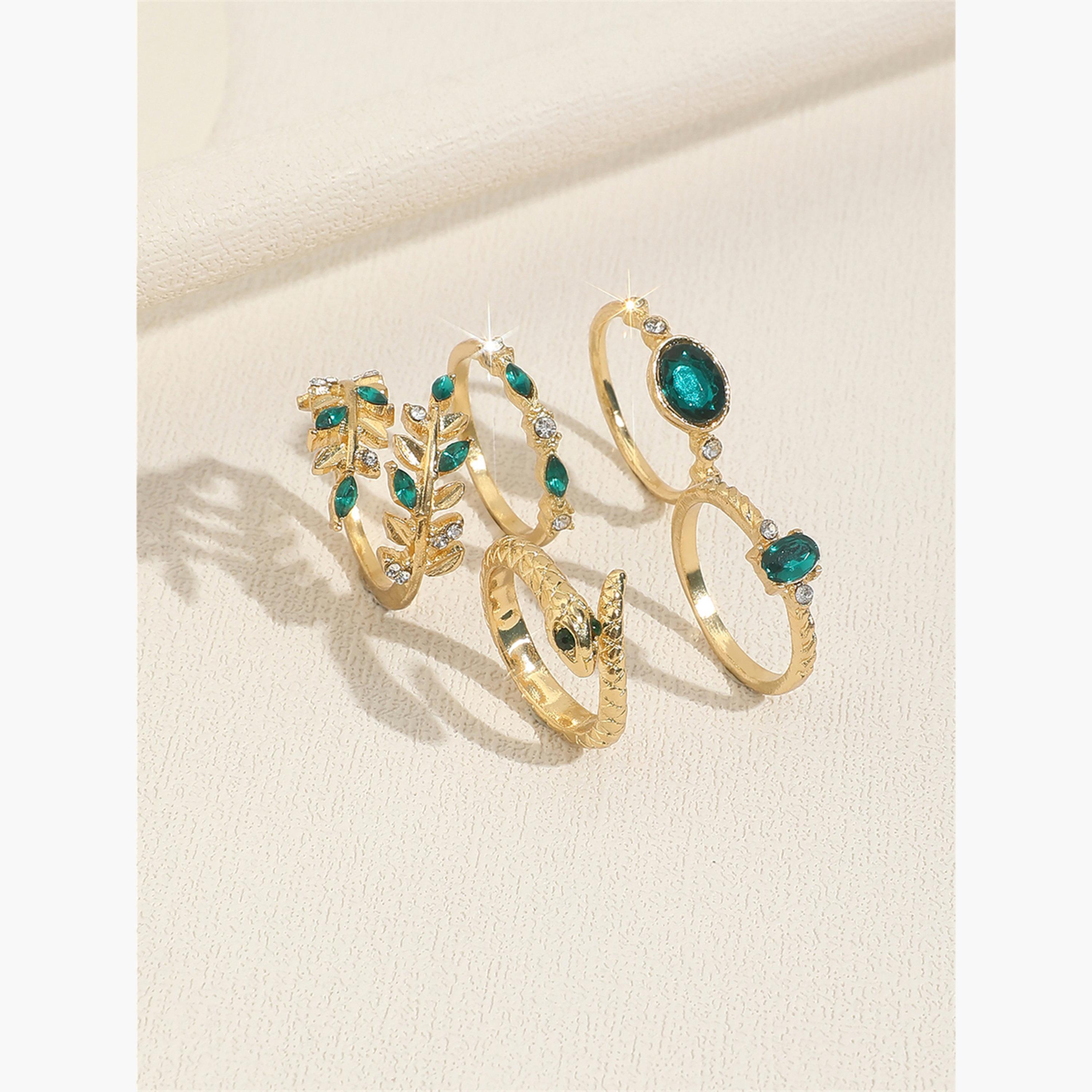 Take Two Women  Set of 5 - Gold Tone Rings with Green Accent-women-watchesandjewellery-jewellery-rings-image-1