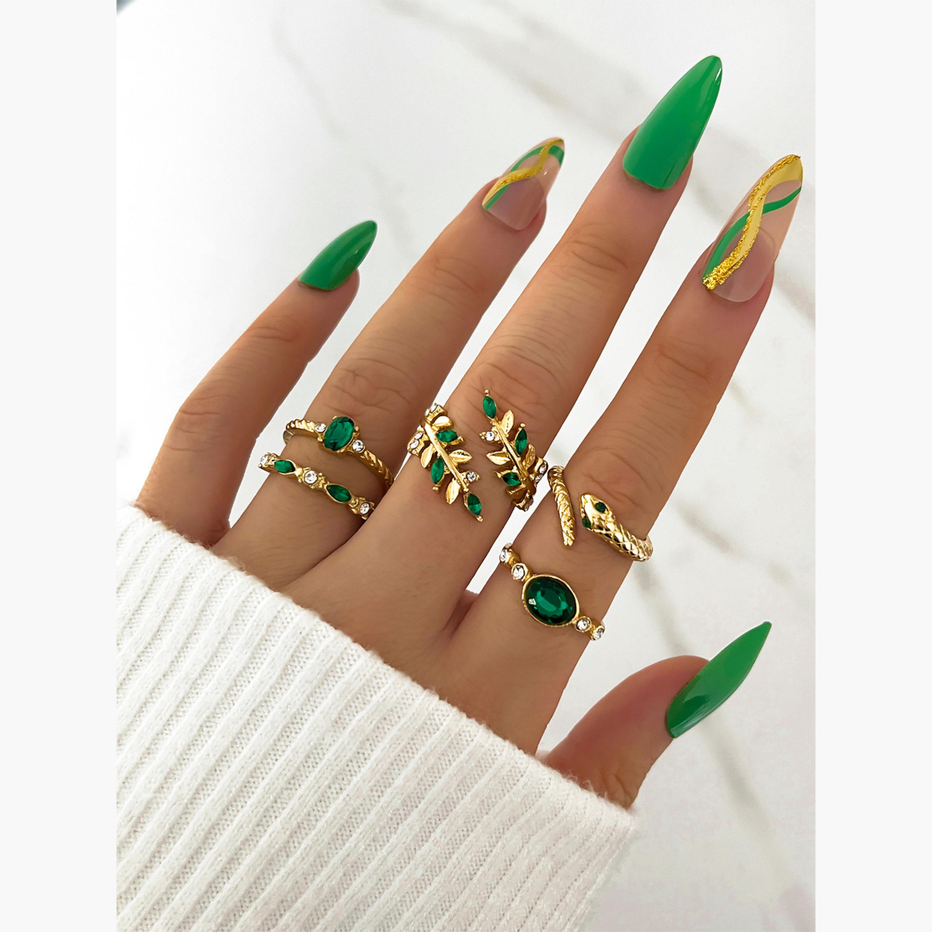 Take Two Women  Set of 5 - Gold Tone Rings with Green Accent-women-watchesandjewellery-jewellery-rings-image-2