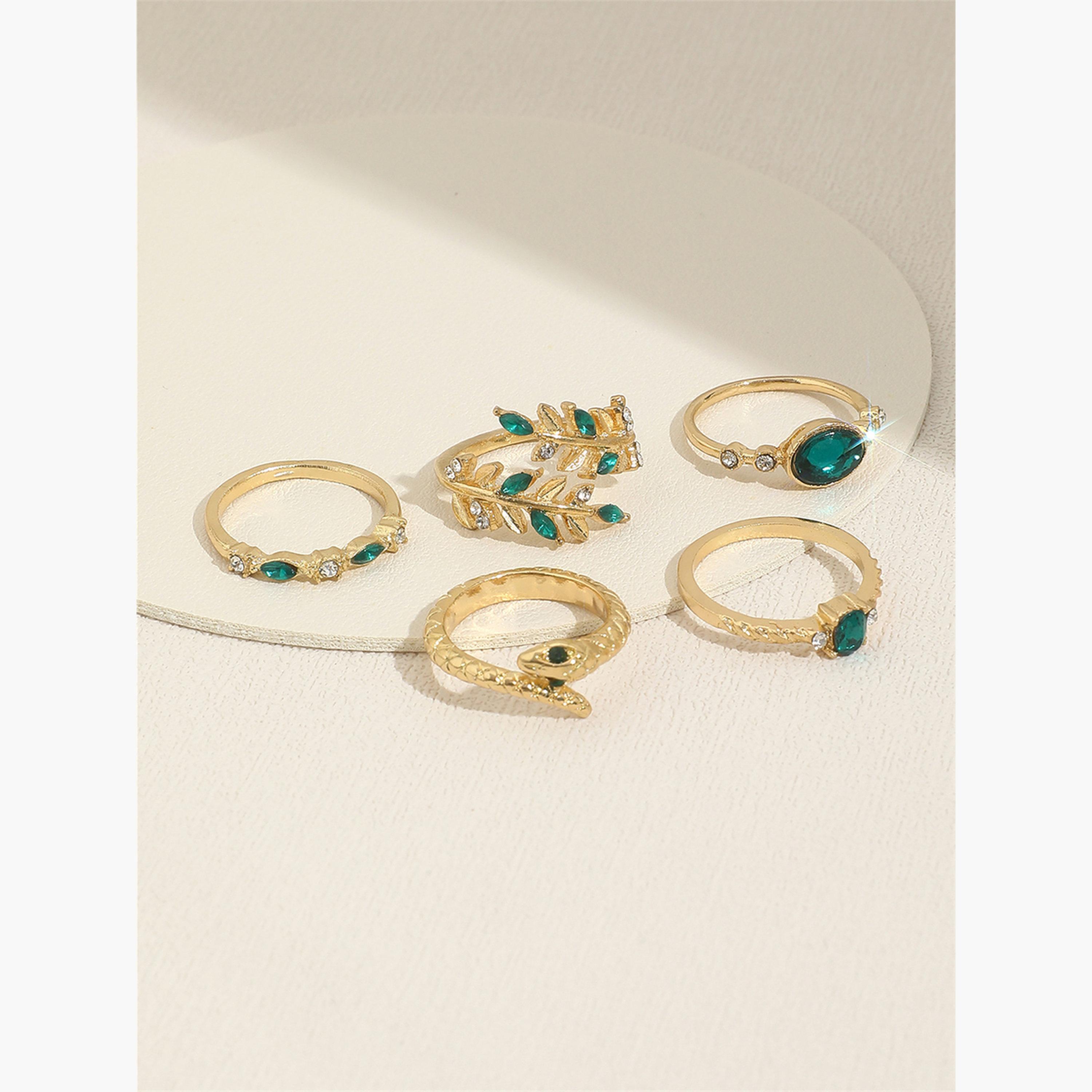Take Two Women  Set of 5 - Gold Tone Rings with Green Accent-women-watchesandjewellery-jewellery-rings-image-3