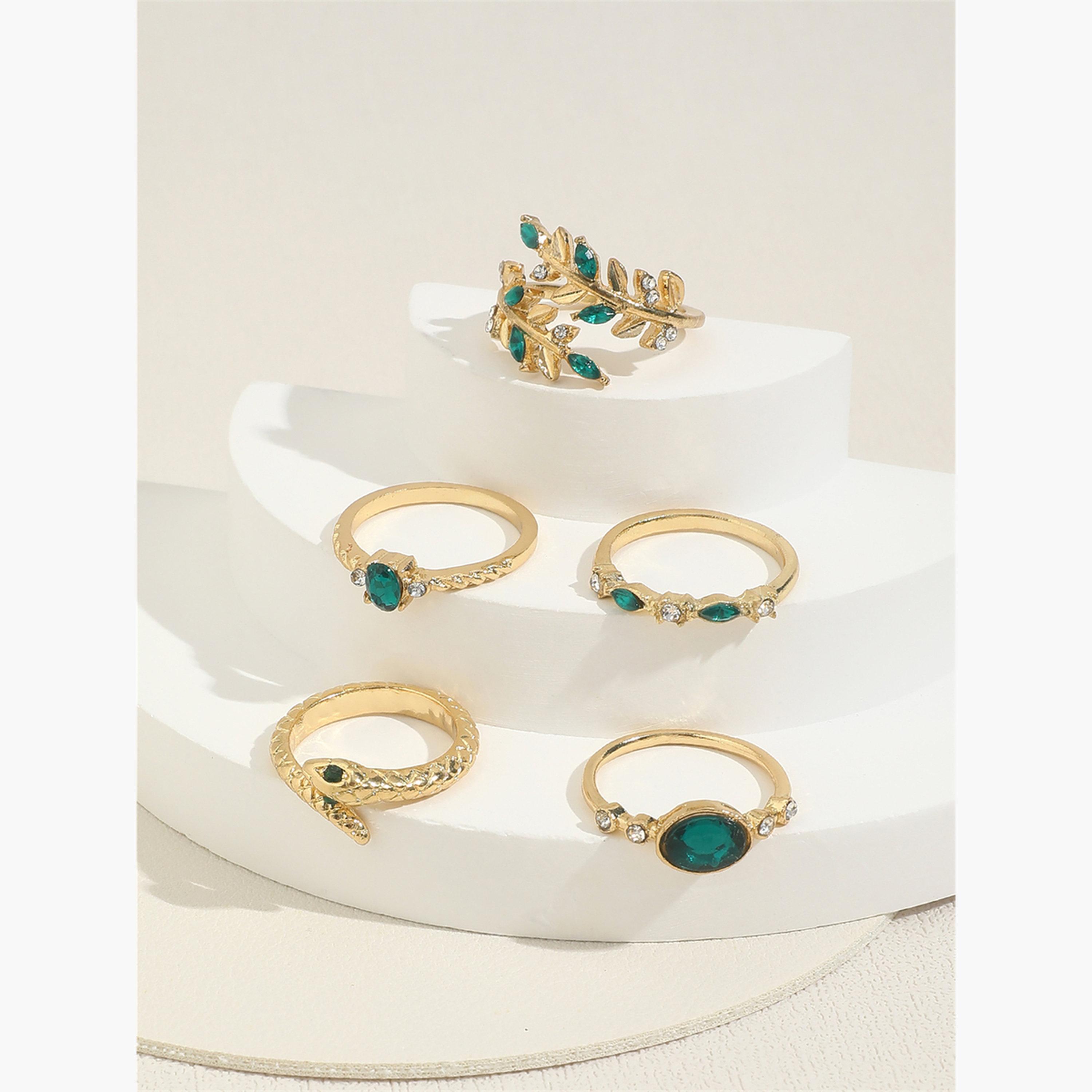 Take Two Women  Set of 5 - Gold Tone Rings with Green Accent-women-watchesandjewellery-jewellery-rings-image-4