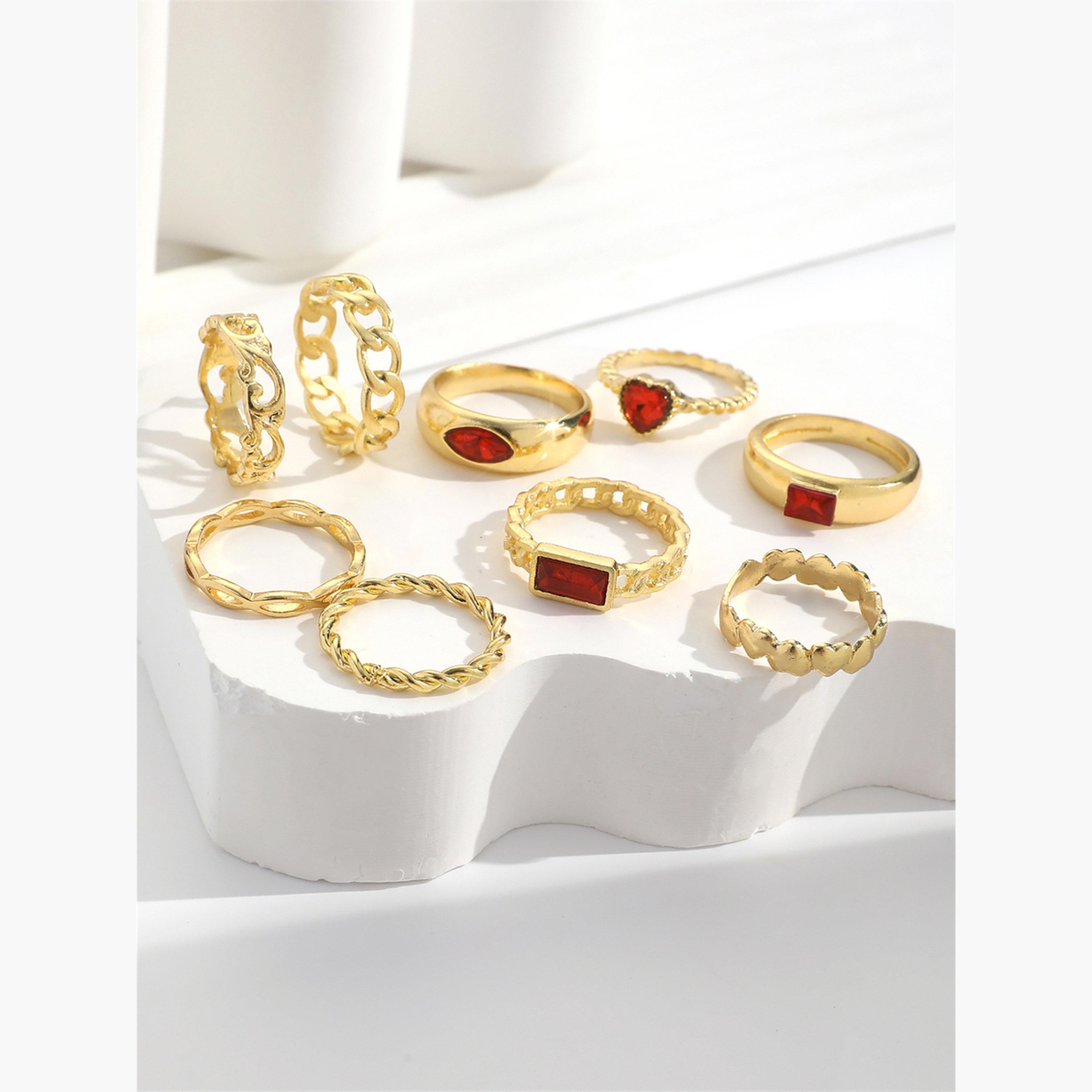 تيك تو - مجموعة من 9 خواتم مزينة بقلب أحمر-women-watchesandjewellery-jewellery-rings-image-3