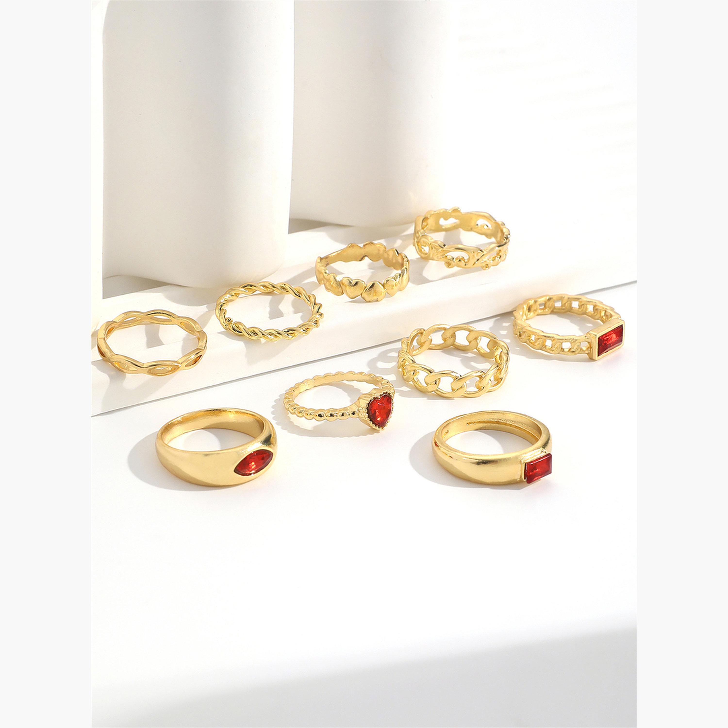 تيك تو - مجموعة من 9 خواتم مزينة بقلب أحمر-women-watchesandjewellery-jewellery-rings-image-4
