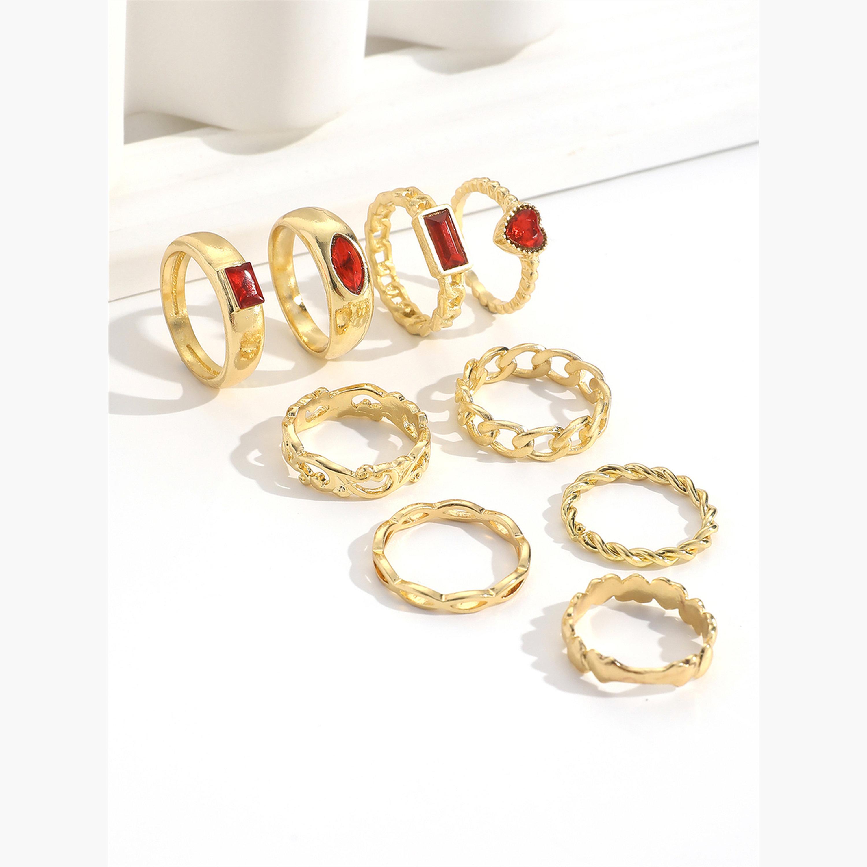 تيك تو - مجموعة من 9 خواتم مزينة بقلب أحمر-women-watchesandjewellery-jewellery-rings-image-6