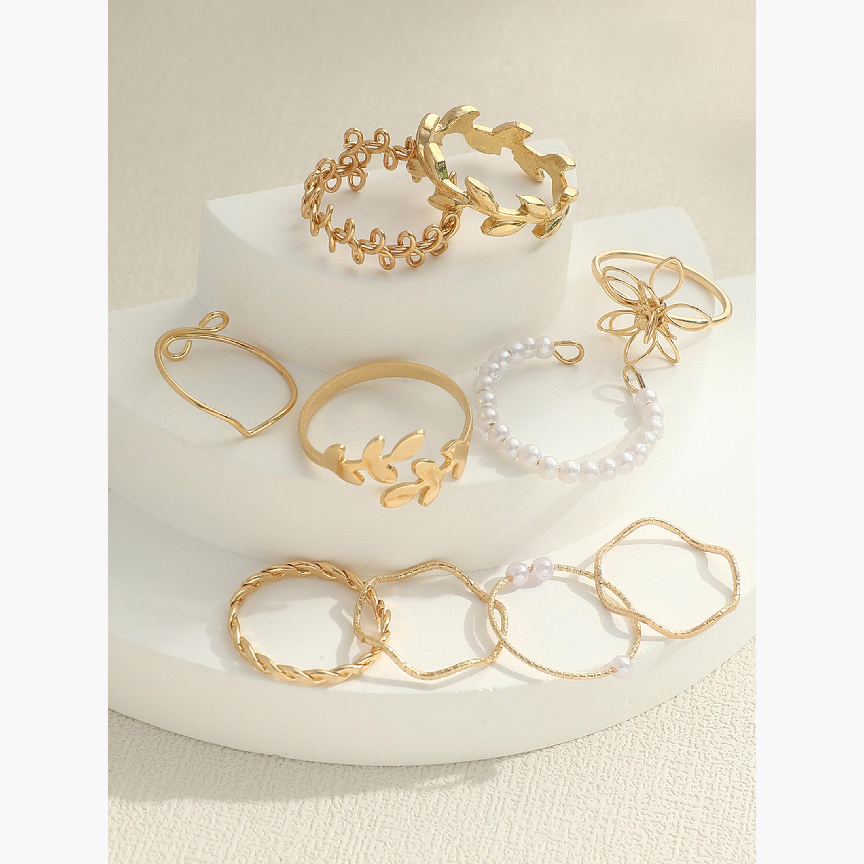 تيك تو - مجموعة من 10 خواتم مزينة باللؤلؤ الصناعي-women-watchesandjewellery-jewellery-rings-image-1