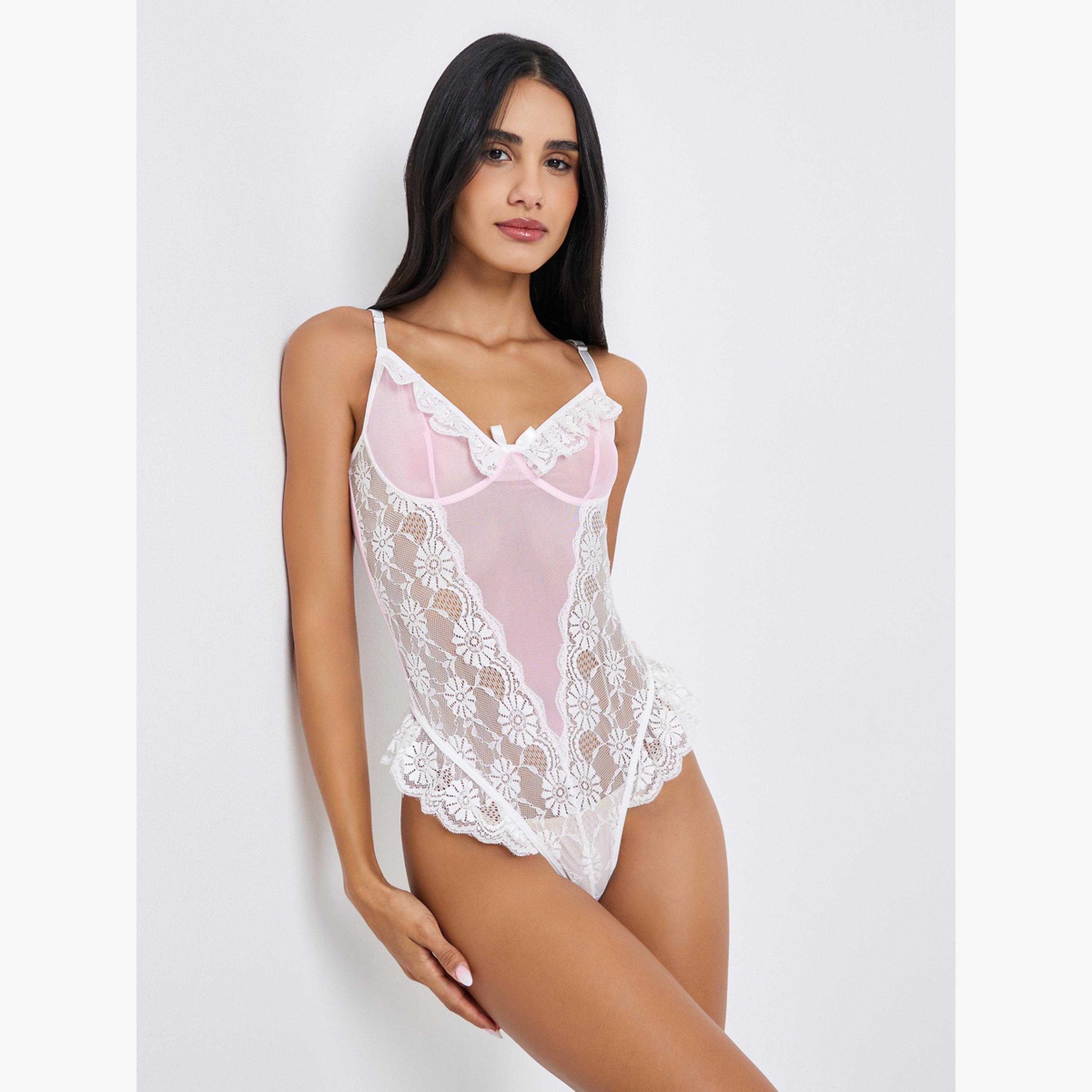 Styli Lace Detail Panel Bodysuit with Ruffle Detail-women-clothing-lingerie-babydollsandbodysuits-image-1