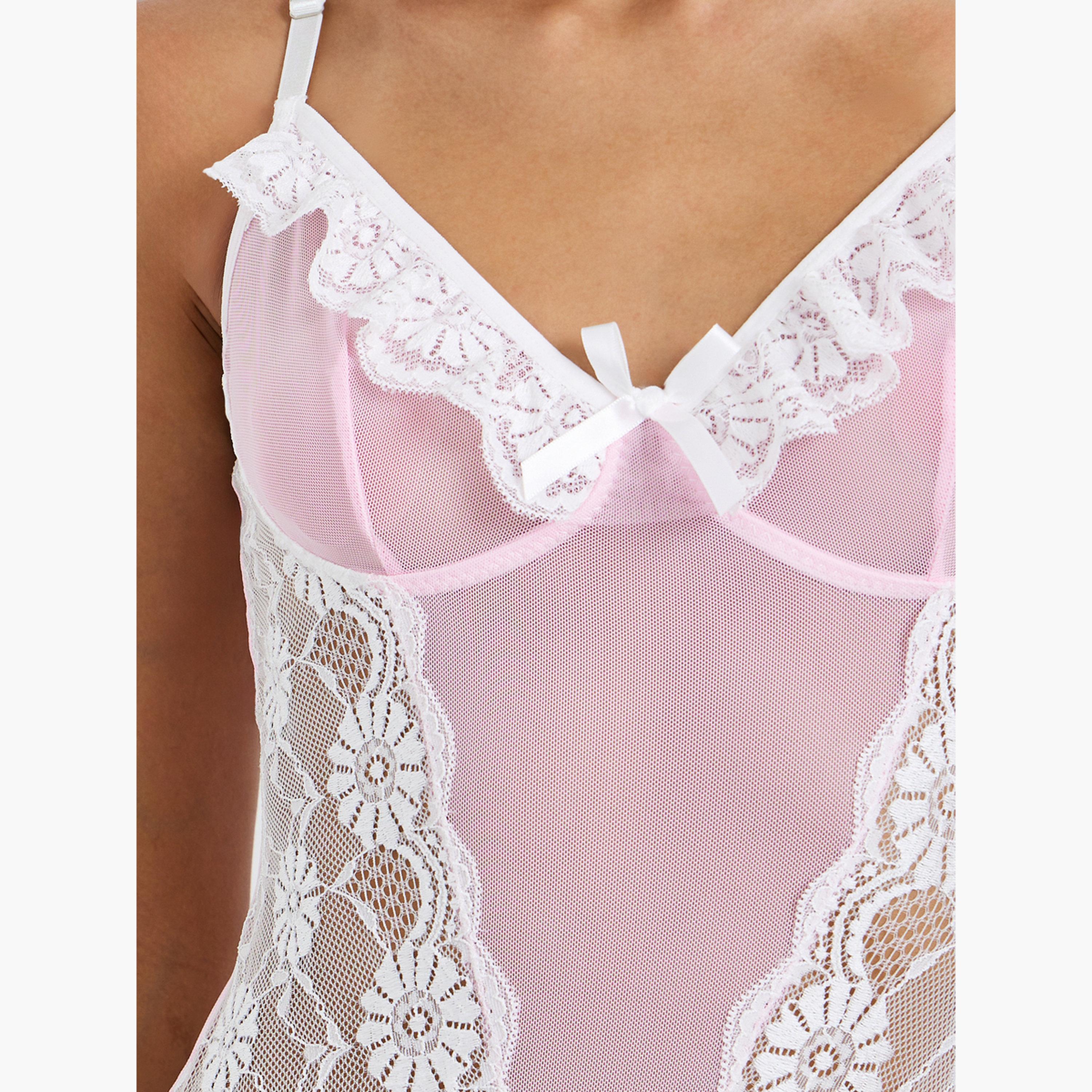 Styli Lace Detail Panel Bodysuit with Ruffle Detail-women-clothing-lingerie-babydollsandbodysuits-image-4