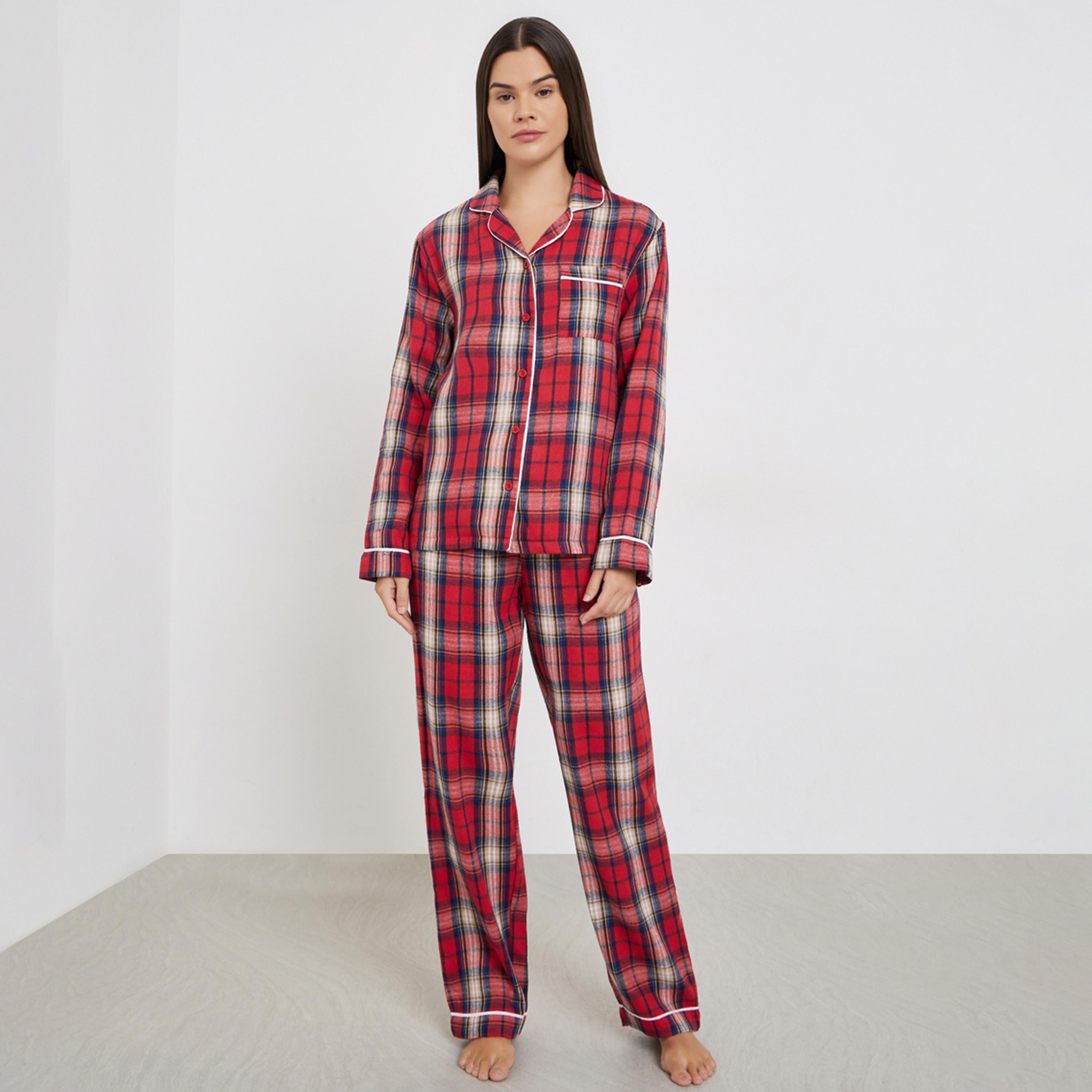 Styli Family Pyjamas - Women Check Pocket Piped Shirt and Pyjama Set-women-clothing-nightwear-pyjamas-longsets-image-1