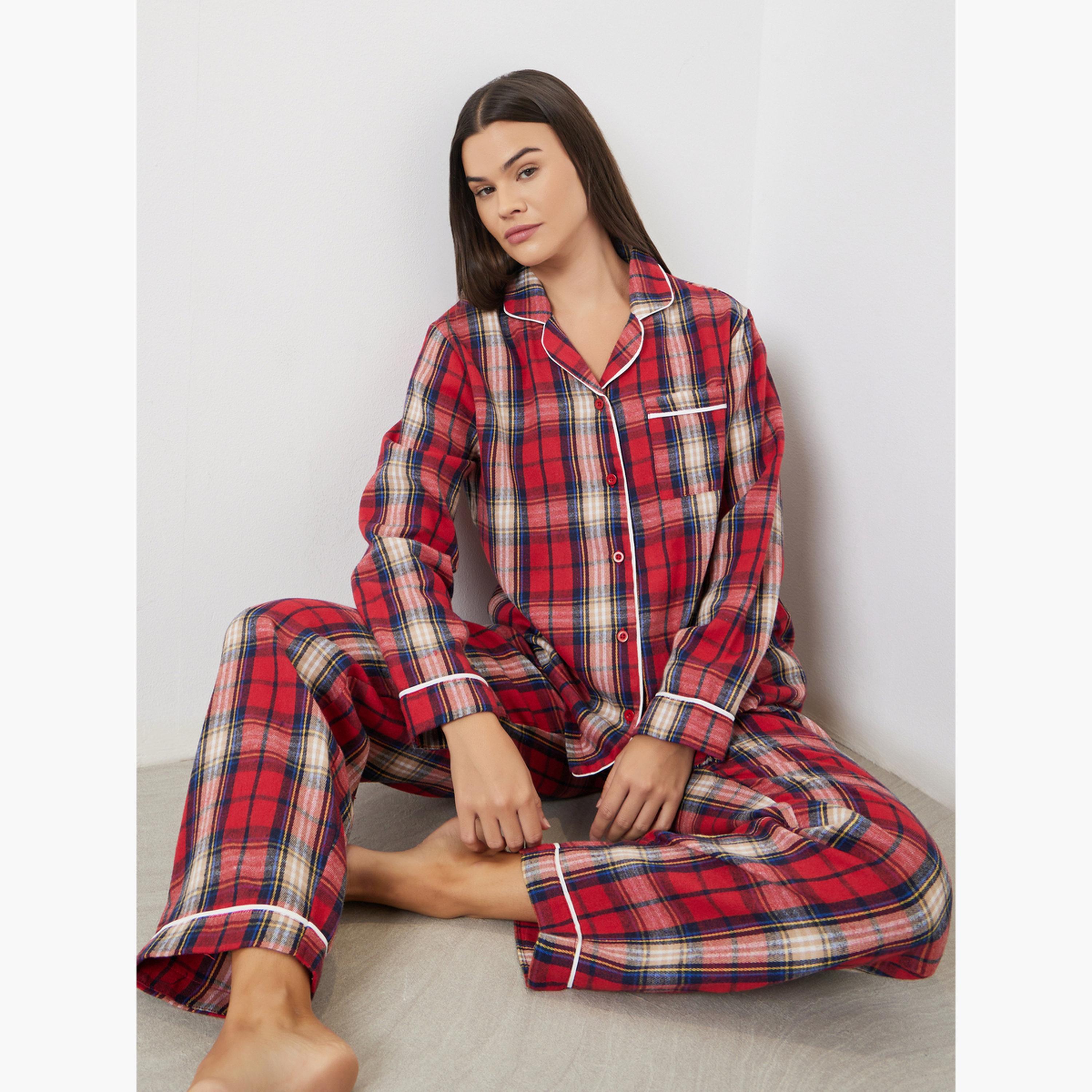 Styli Family Pyjamas - Women Check Pocket Piped Shirt and Pyjama Set-women-clothing-nightwear-pyjamas-longsets-image-2