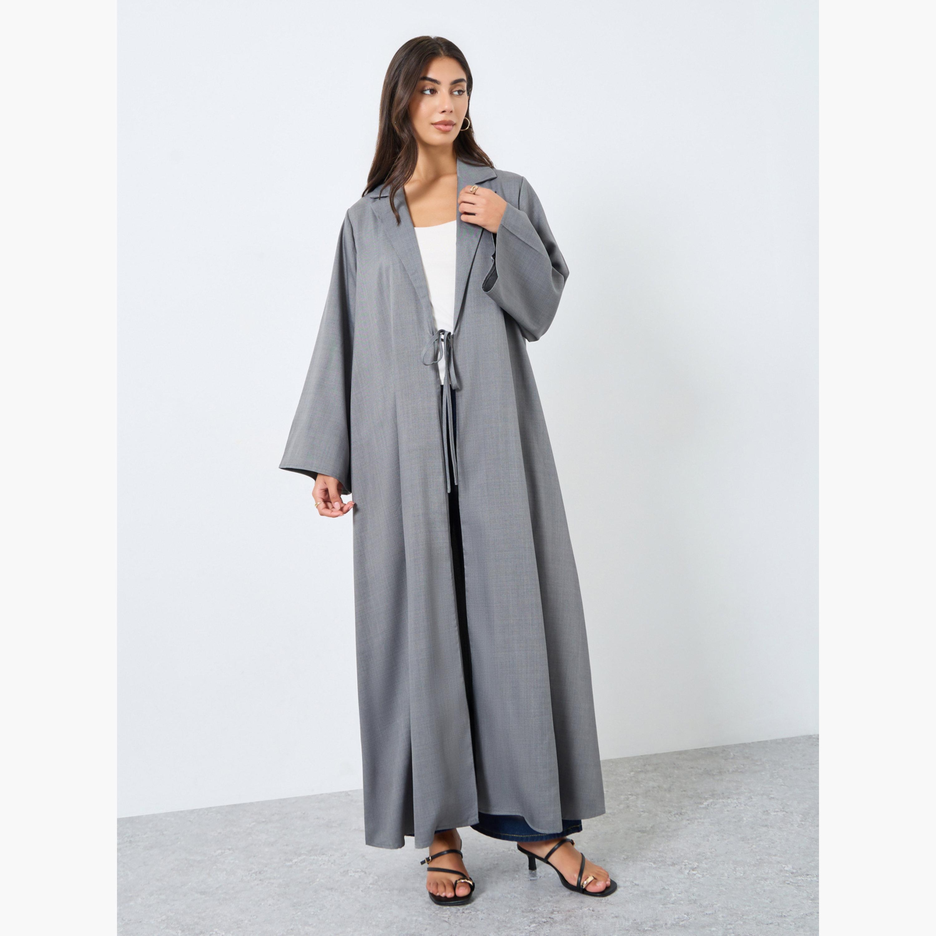 Amirah X Styli Melange Collar Winter Abaya with Tie-Up Detail-women-arabicclothing-abayas-image-1