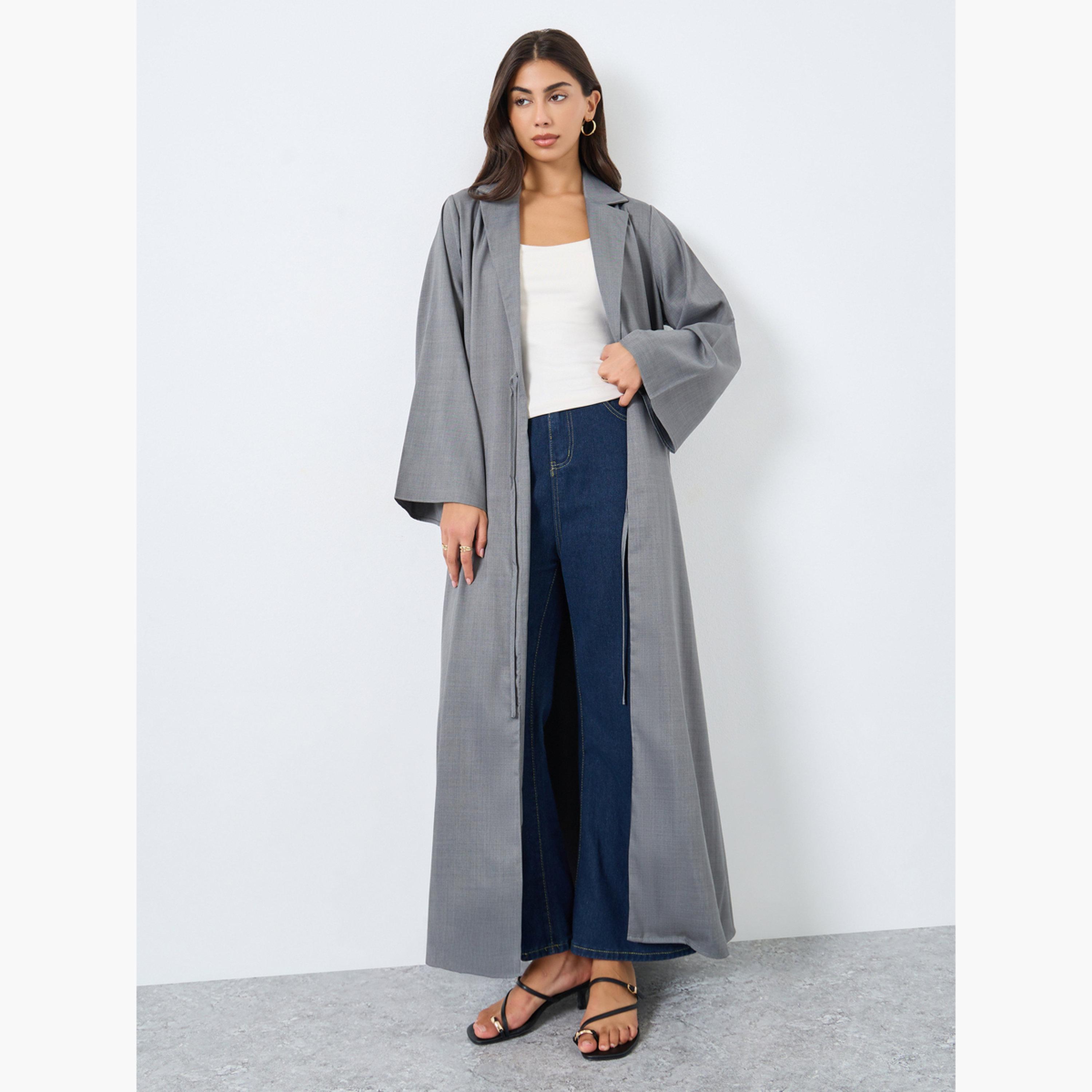 Amirah X Styli Melange Collar Winter Abaya with Tie-Up Detail-women-arabicclothing-abayas-image-2