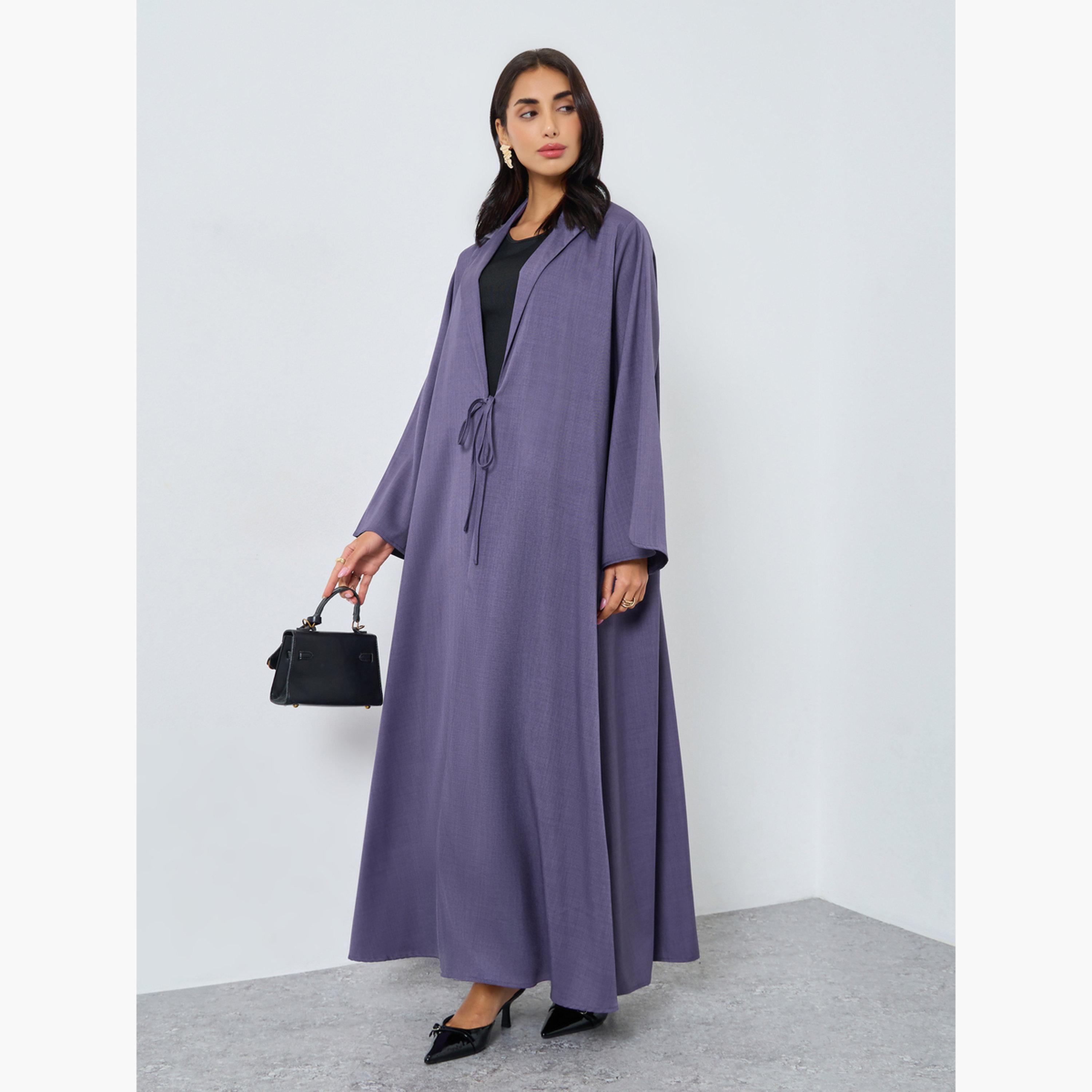 ستايلي - عباية شتوية بياقة متداخلة مع تفاصيل ربطة عنق-women-arabicclothing-abayas-image-2