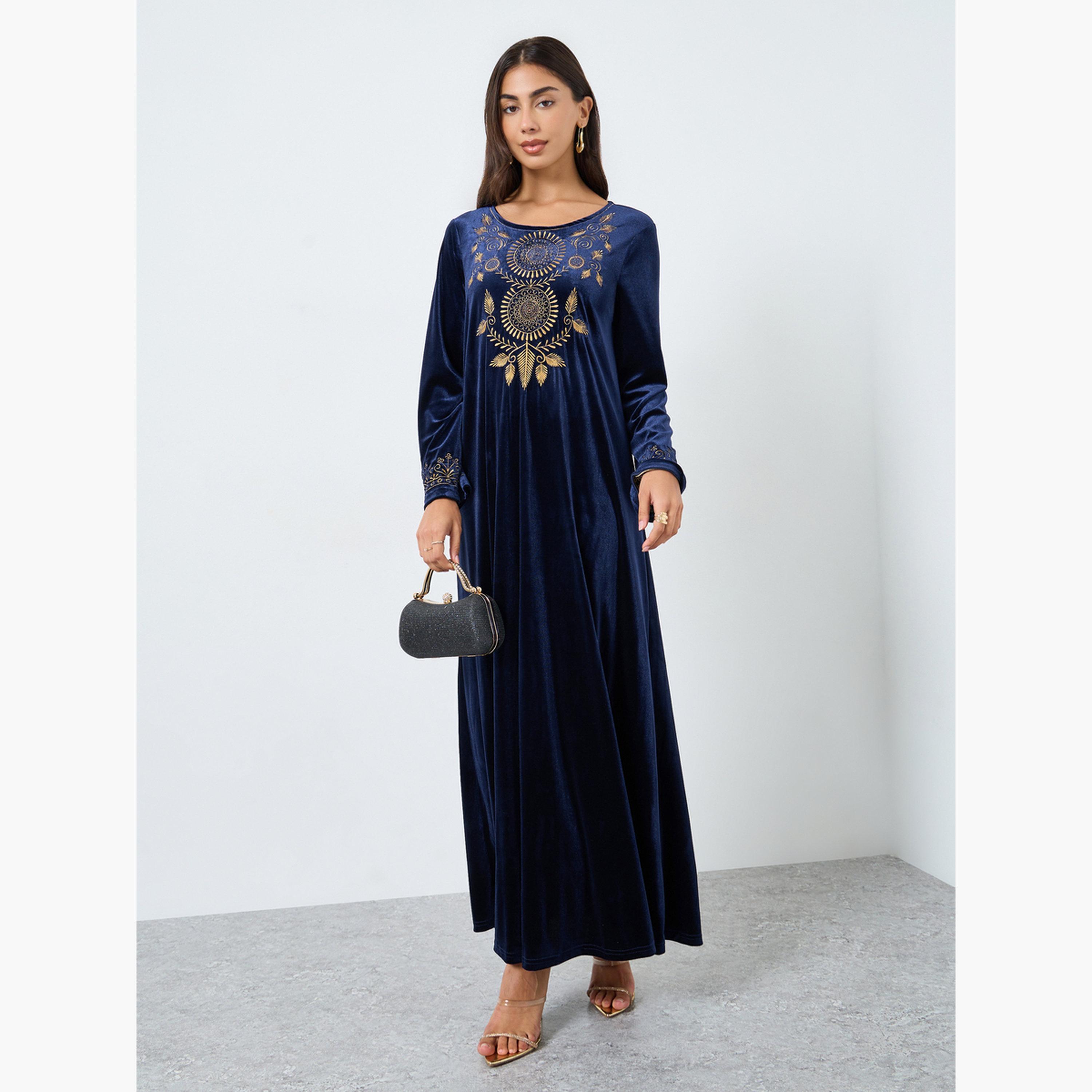 ستايلي - جلابية مطرزة بمظهر مخملي-women-arabicclothing-jalabiyas-image-1