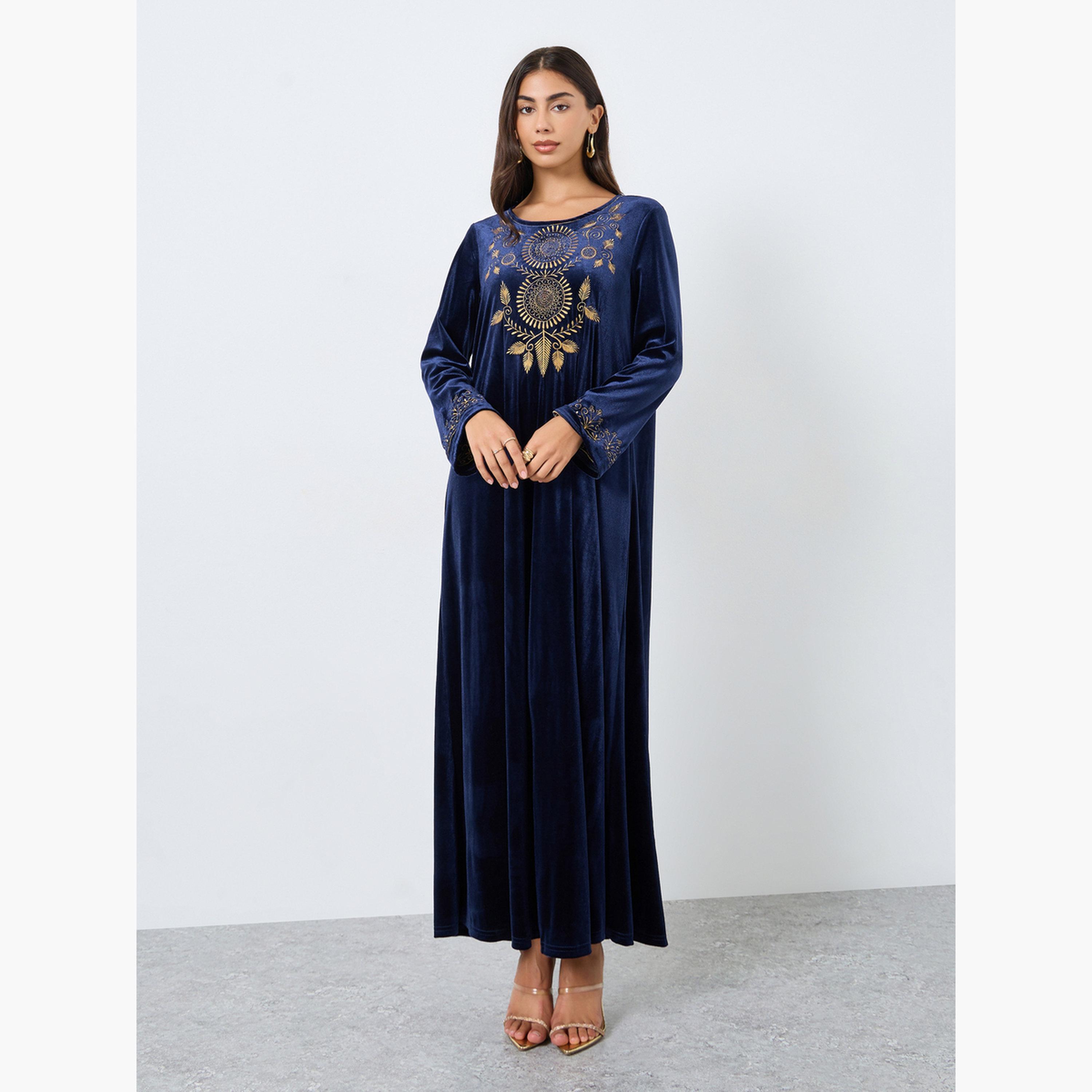 Styli Velvet Look Embroidered Panel Jalabiya-women-arabicclothing-jalabiyas-image-2