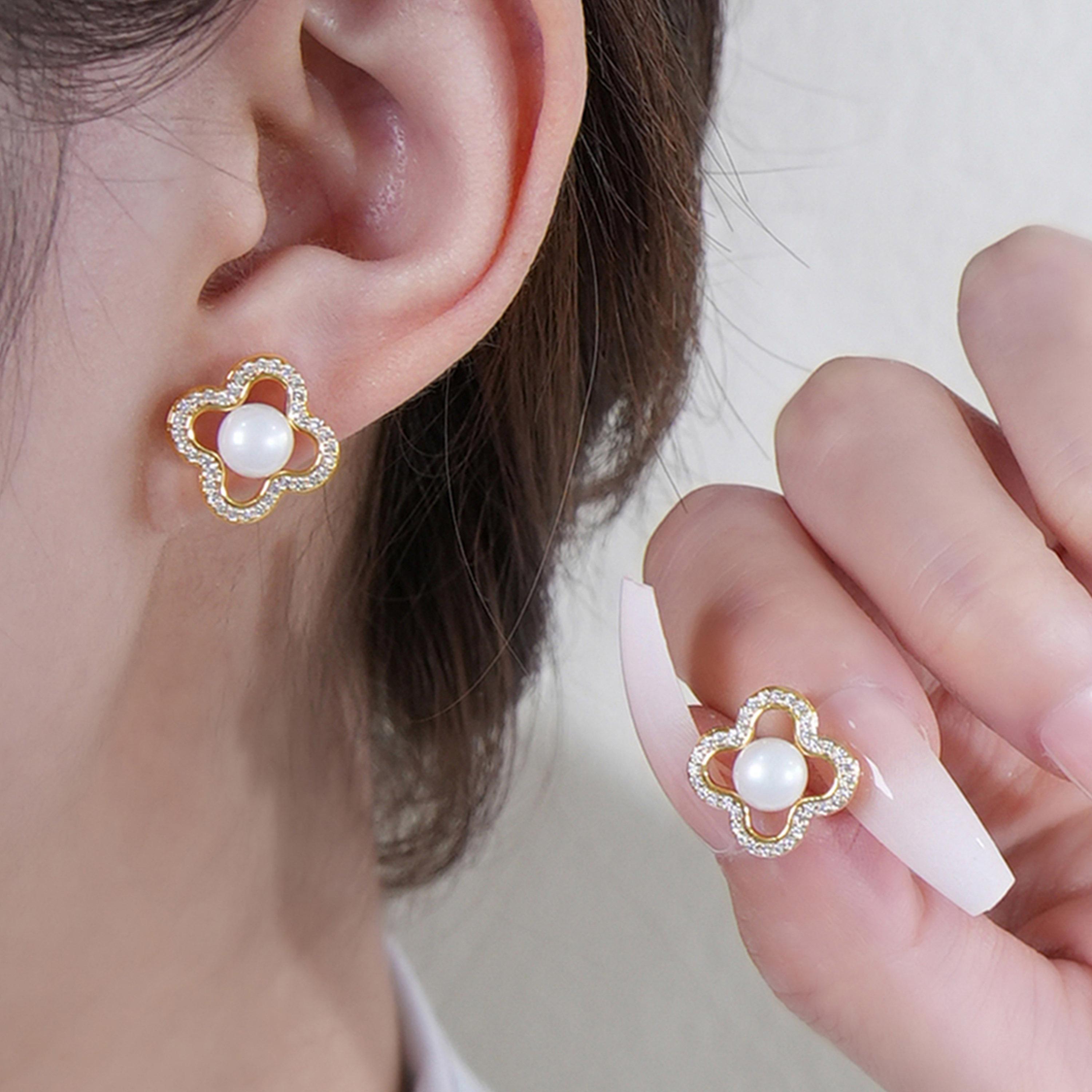Take Two Four-Leaf Clover Shape Earrings with Faux Pearl-women-watchesandjewellery-jewellery-earrings-image-2