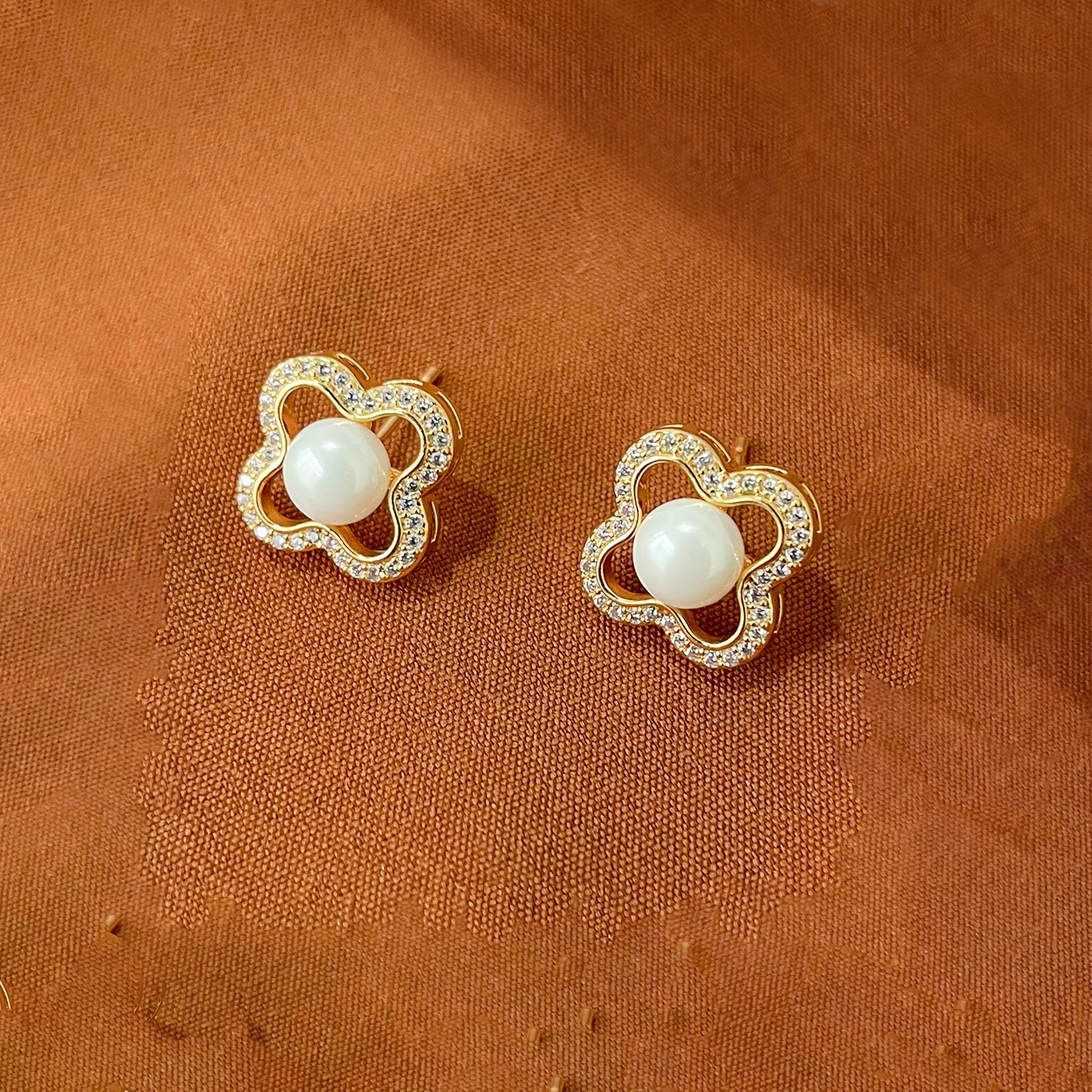 Take Two Four-Leaf Clover Shape Earrings with Faux Pearl-women-watchesandjewellery-jewellery-earrings-image-3