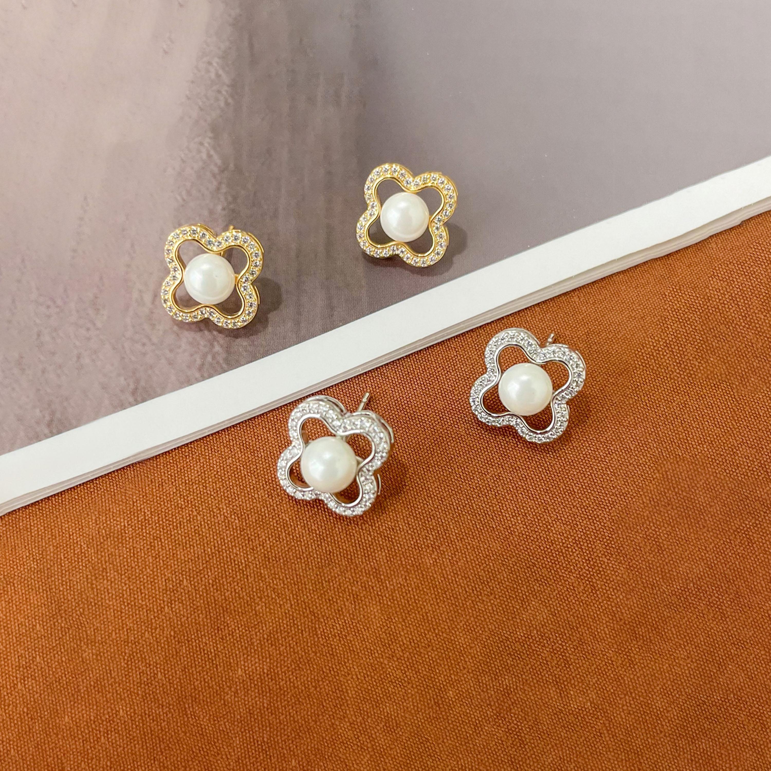 Take Two Four-Leaf Clover Shape Earrings with Faux Pearl-women-watchesandjewellery-jewellery-earrings-image-4