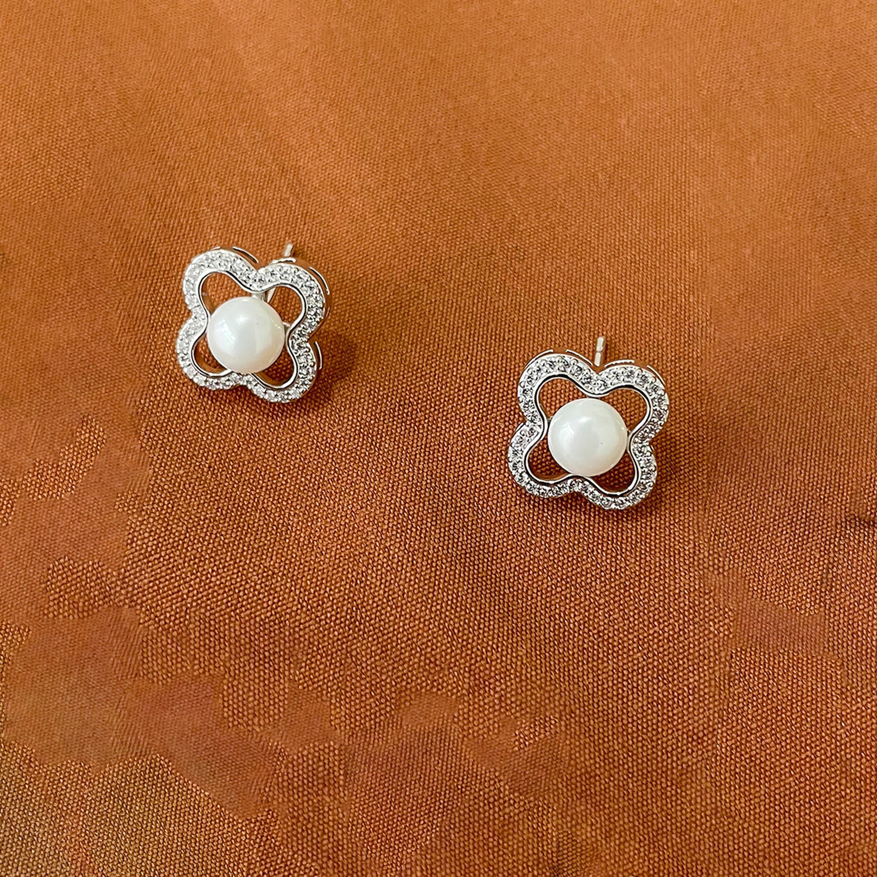 Take Two Four-Leaf Clover Shape Earrings with Faux Pearl-women-watchesandjewellery-jewellery-earrings-image-4