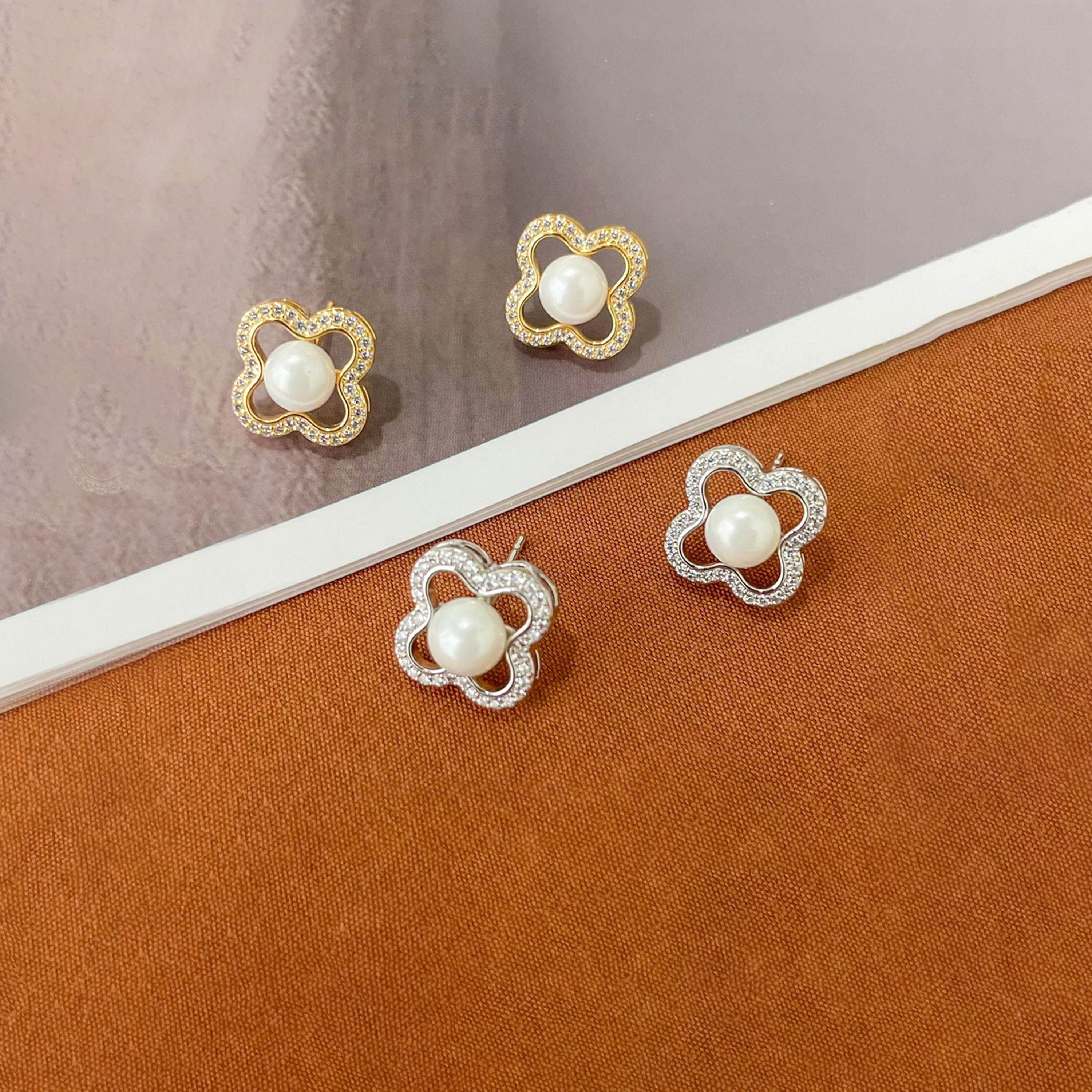 Take Two Four-Leaf Clover Shape Earrings with Faux Pearl-women-watchesandjewellery-jewellery-earrings-image-5