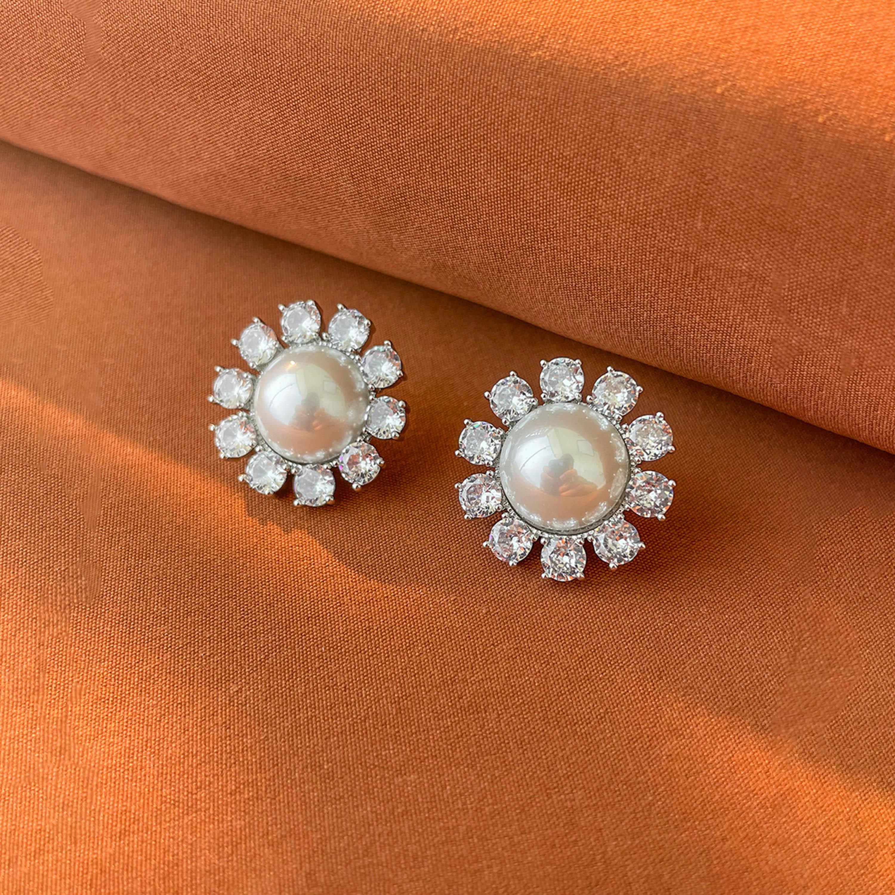 Take Two Silver Floral Decor Embellished Earrings with Faux Pearl-women-watchesandjewellery-jewellery-earrings-image-4