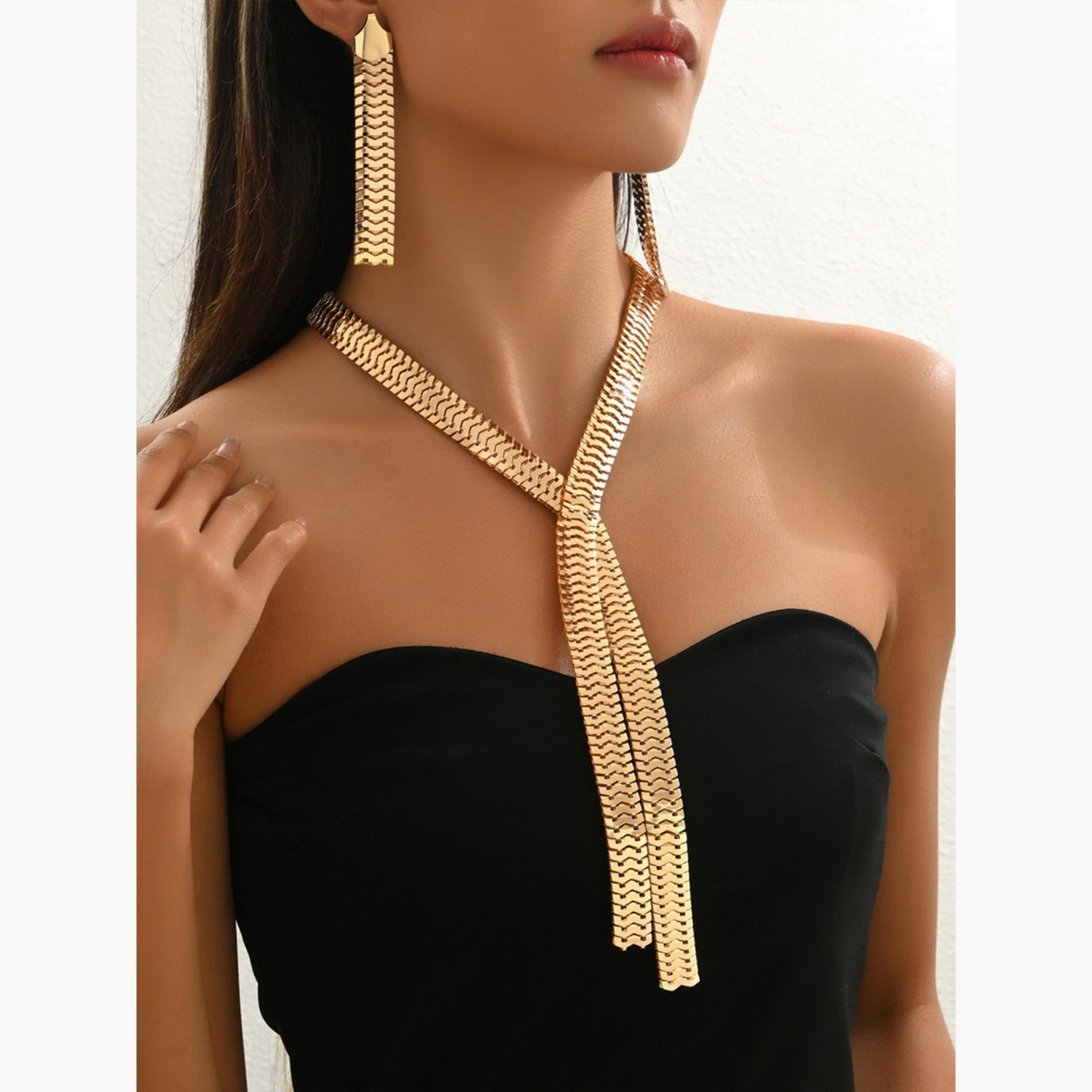 تيك تو - طقم مجوهرات من قلادة وأقراط بشراشيب ذهبية اللون-women-watchesandjewellery-jewellery-jewellerysets-image-3