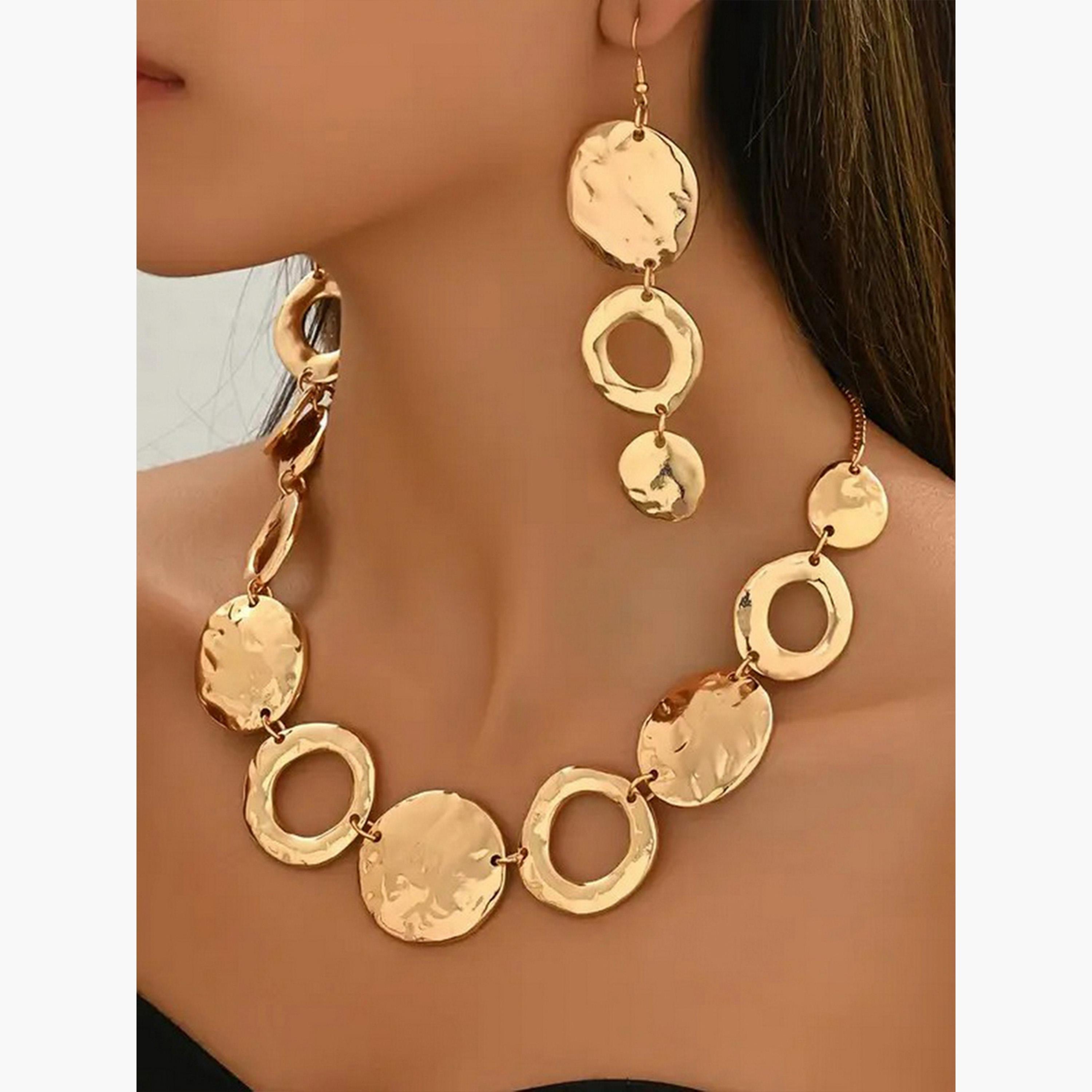 تيك تو - طقم مجوهرات قلادة وأقراط دائرية مجوفة-women-watchesandjewellery-jewellery-jewellerysets-image-2