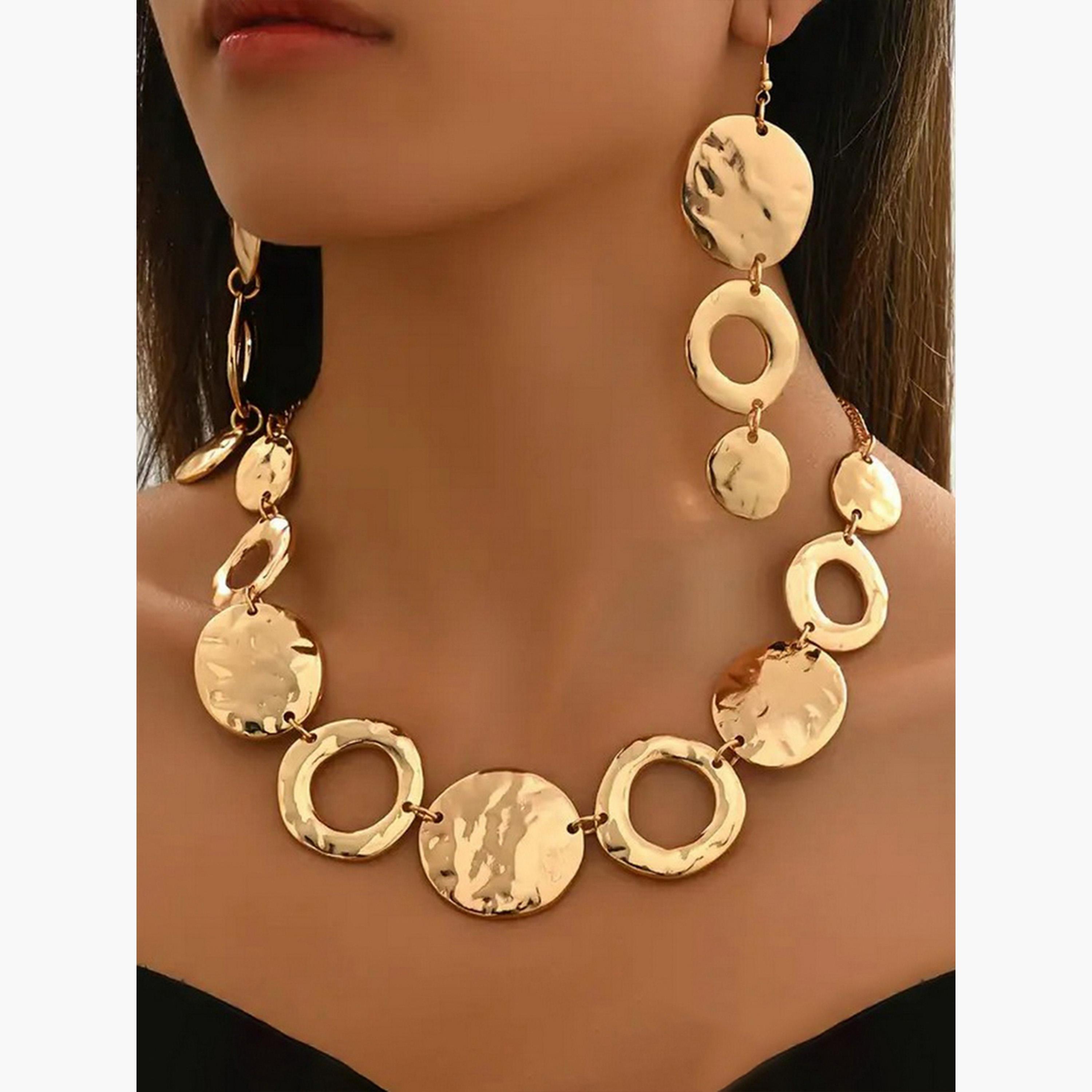 تيك تو - طقم مجوهرات قلادة وأقراط دائرية مجوفة-women-watchesandjewellery-jewellery-jewellerysets-image-3
