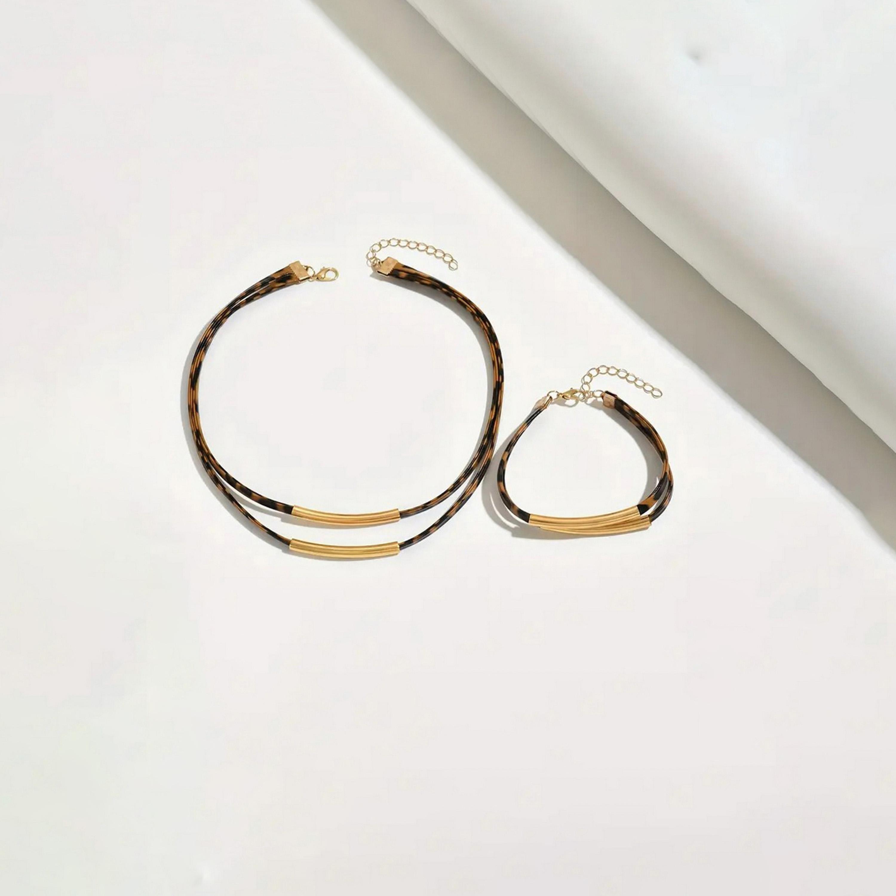 Take Two Women  Leopard Print Bar Detail Necklace and Bracelet Jewelry Set-women-watchesandjewellery-jewellery-jewellerysets-image-1