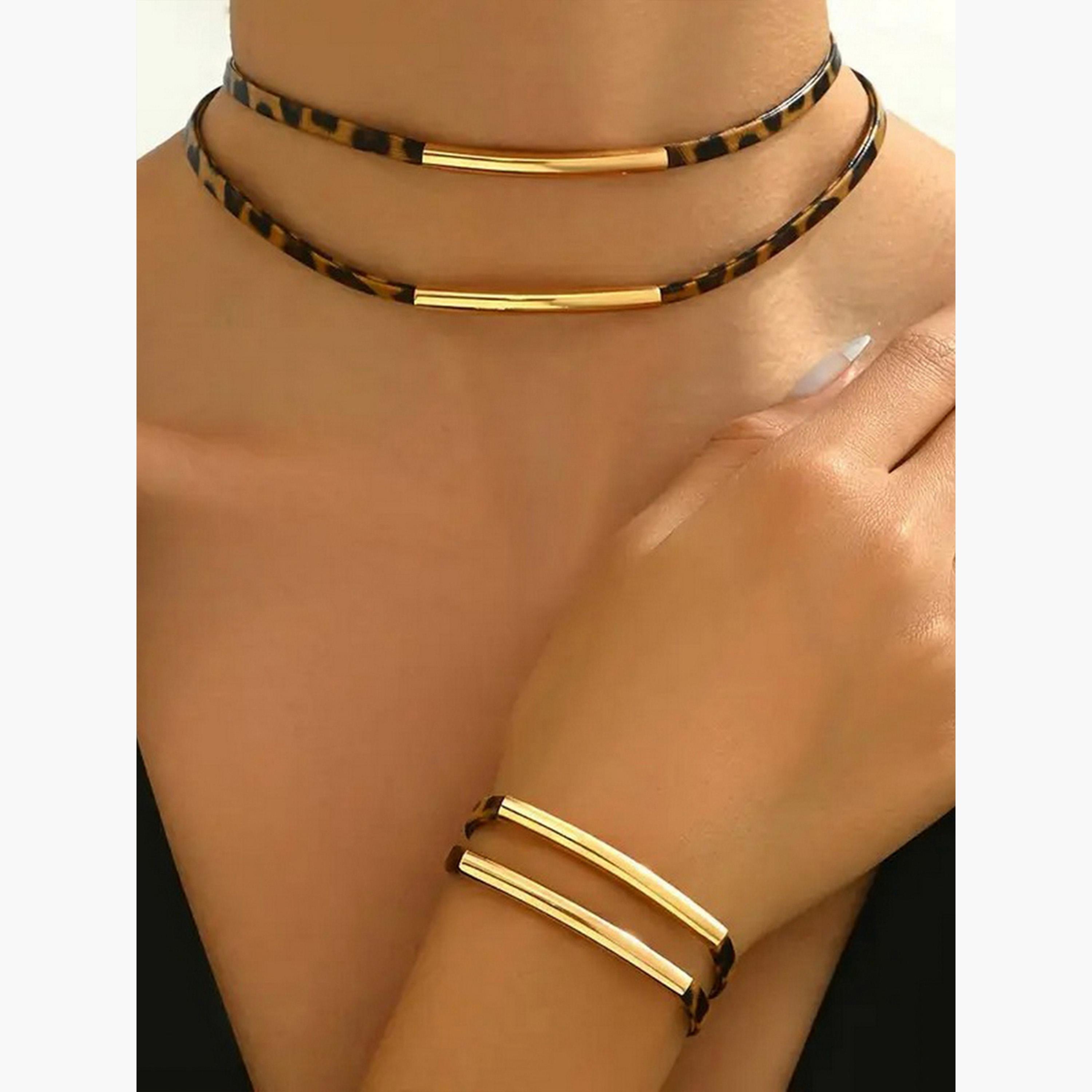 Take Two Women  Leopard Print Bar Detail Necklace and Bracelet Jewelry Set-women-watchesandjewellery-jewellery-jewellerysets-image-2