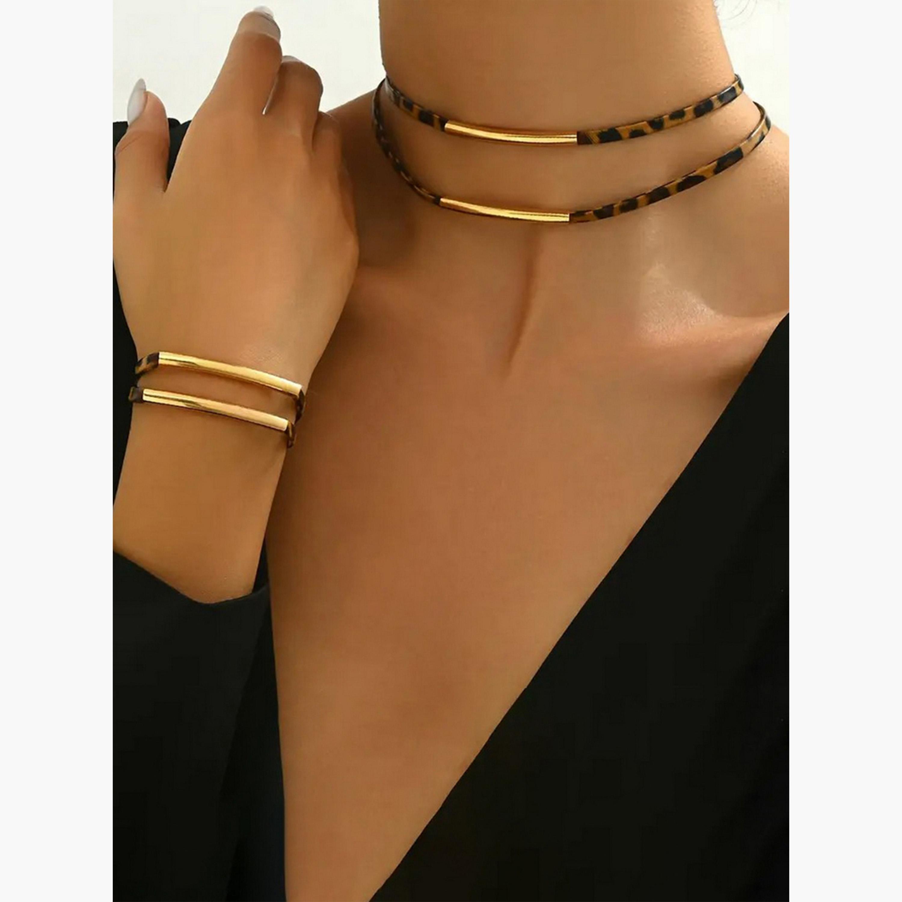 Take Two Women  Leopard Print Bar Detail Necklace and Bracelet Jewelry Set-women-watchesandjewellery-jewellery-jewellerysets-image-4